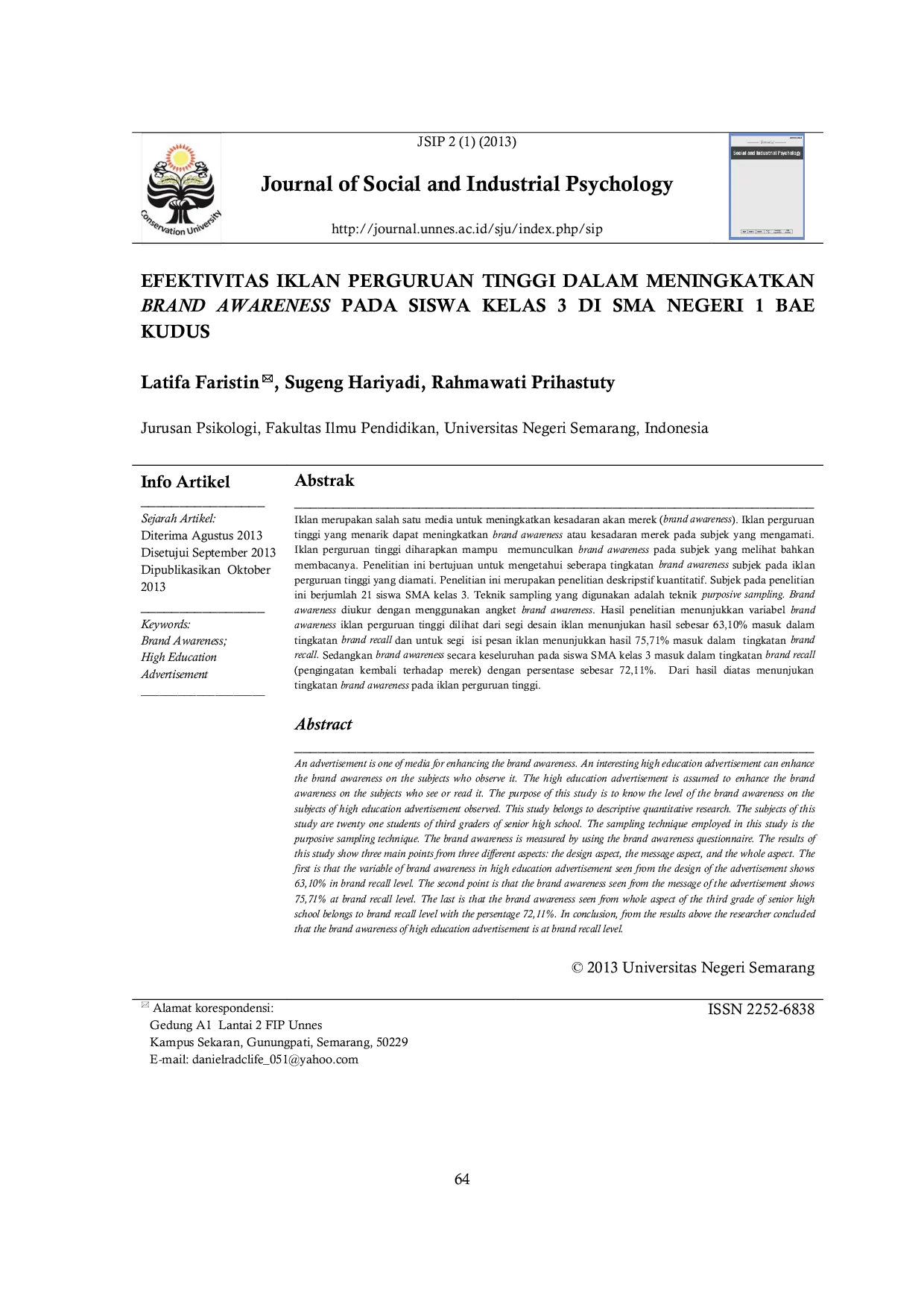 JURIS Efektivitas Iklan Perguruan Tinggi Dalam Meningkatkan Brand Awareness Pada Siswa Kelas 3 Di Sma Negeri 1 Bae Kudus