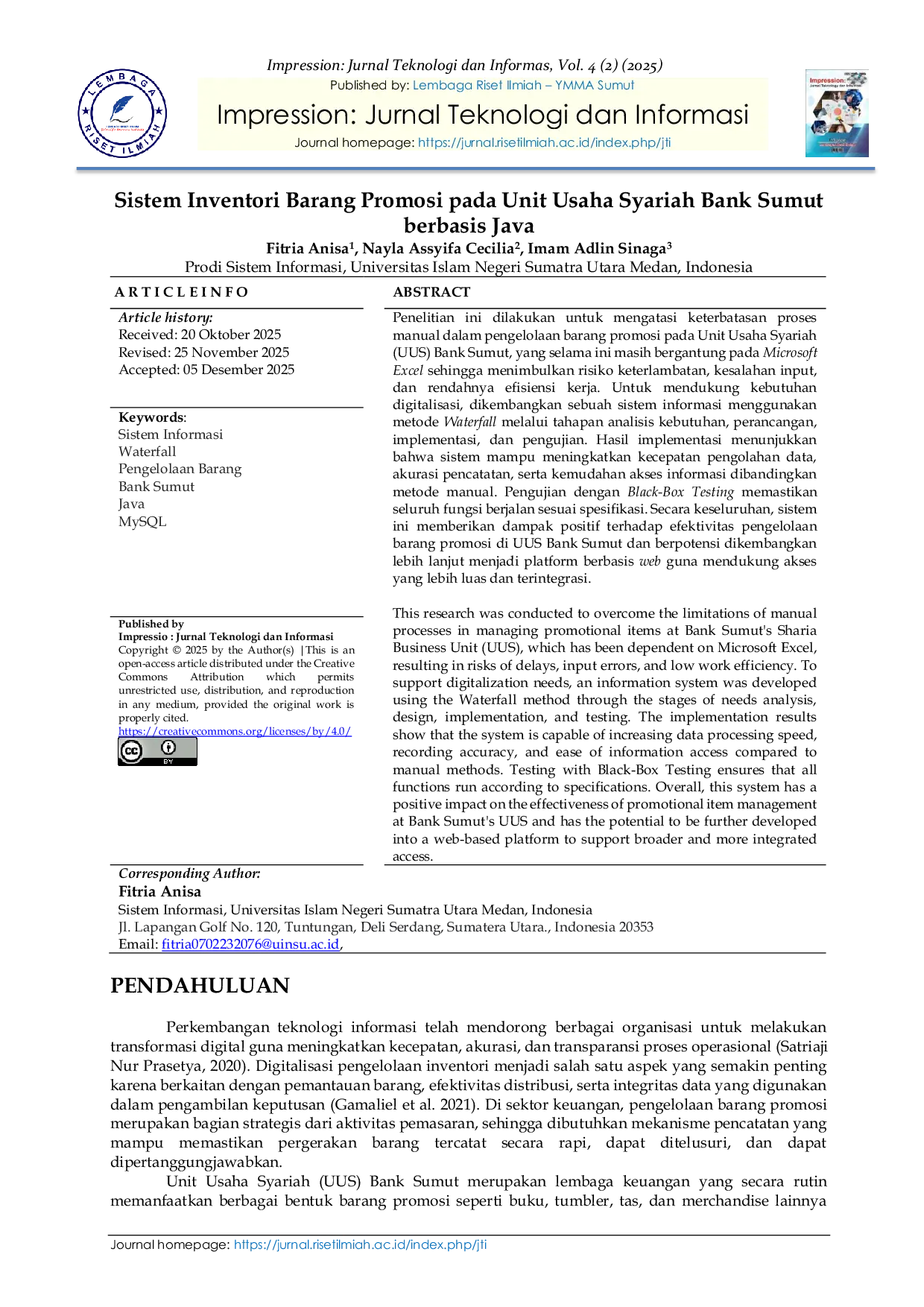 JURIS Sistem Inventori Barang Promosi pada Unit Usaha Syariah Bank Sumut berbasis Java