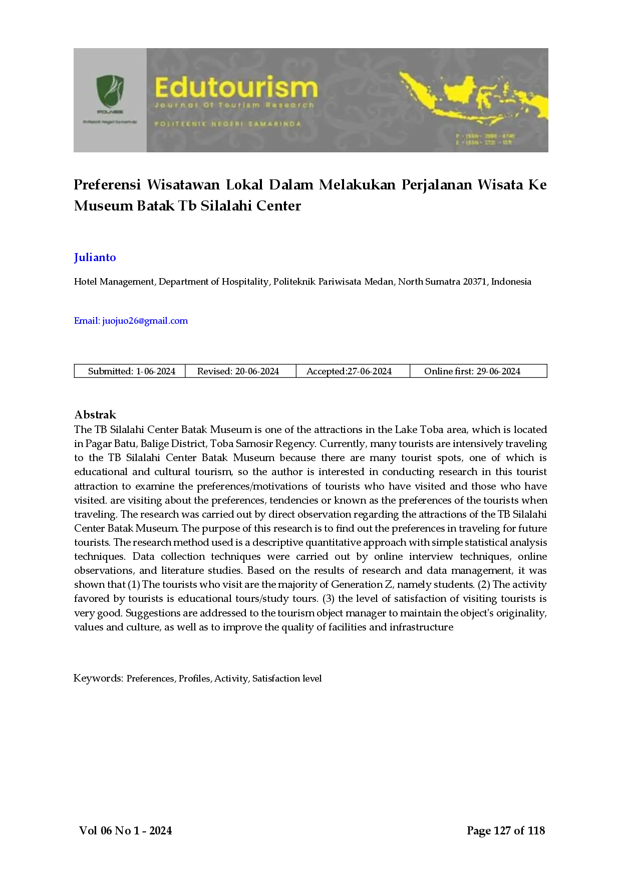 juris Preferensi Wisatawan Lokal Dalam Melakukan Perjalanan Wisata Ke Museum Batak TB Silalahi Center