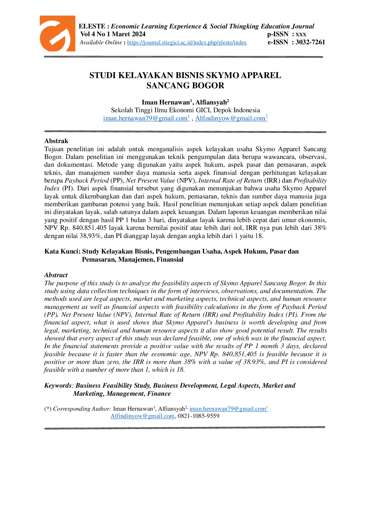 JURIS Studi Kelayakan Bisnis Skymo Apparel Sancang Bogor