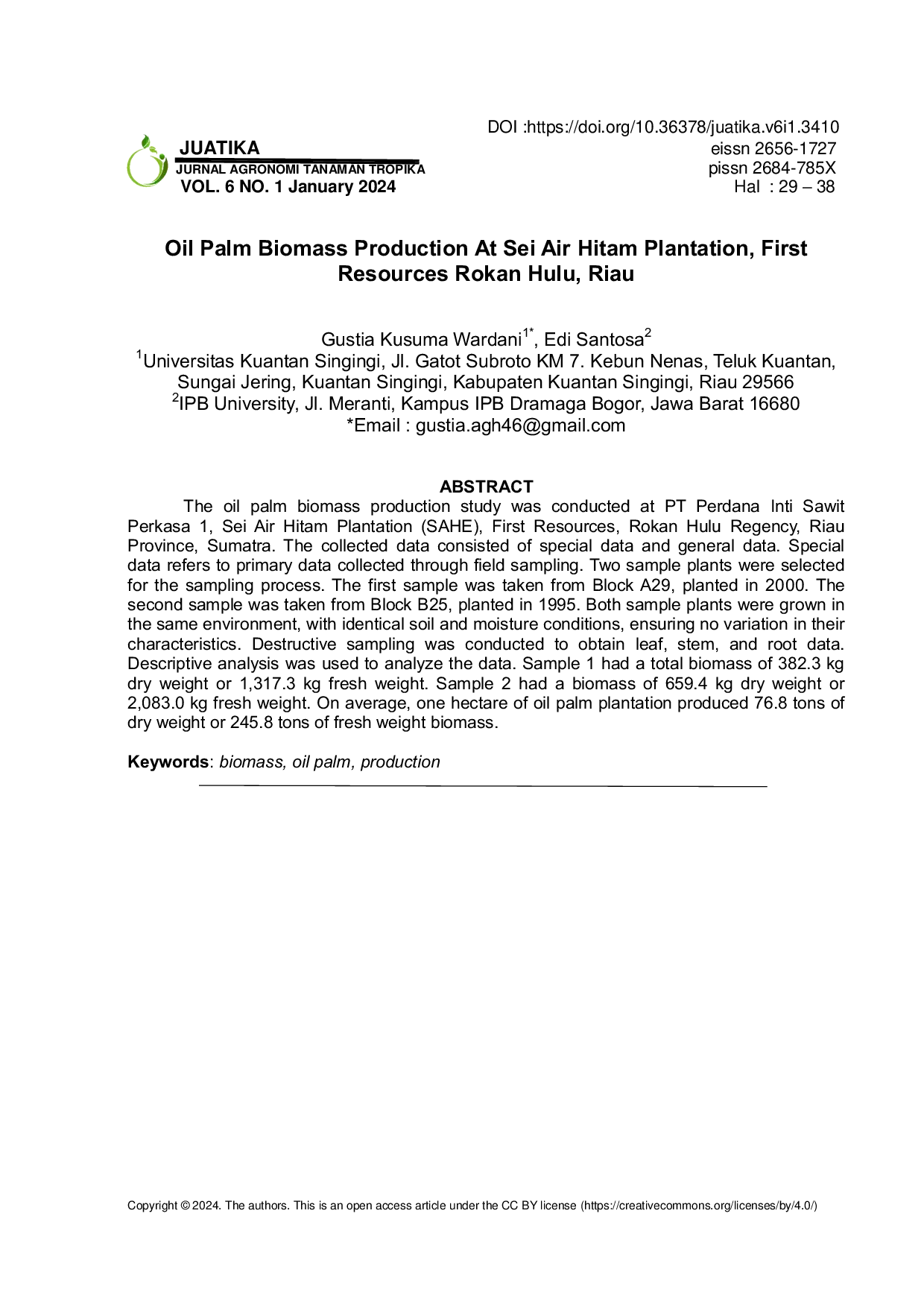 JURIS Oil Palm Biomass Production At Sei Air Hitam Plantation First Resources Rokan Hulu Riau