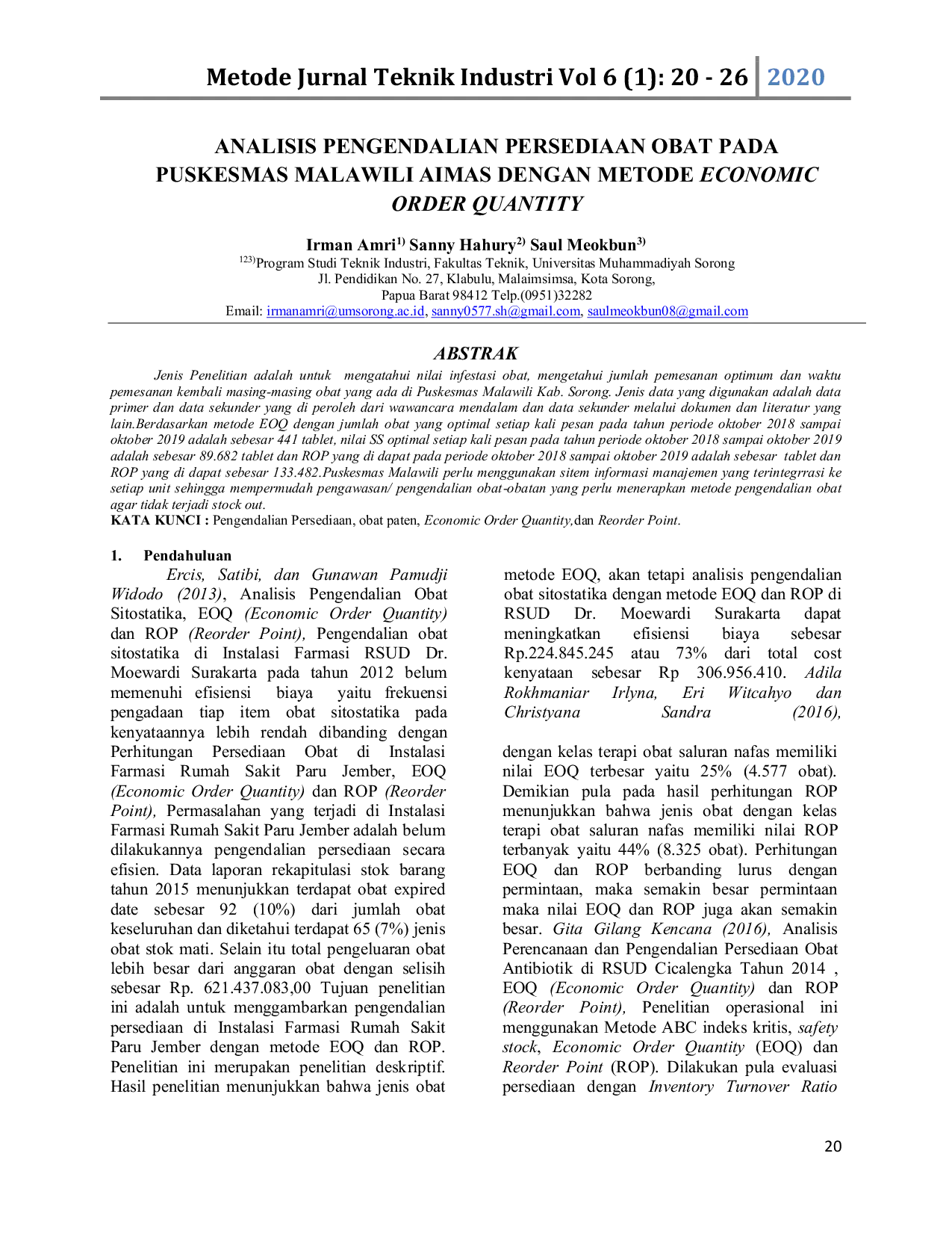 JURIS Analisis Pengendalian Persediaan Obat Pada Puskesmas Malawili Aimas Dengan Metode Economic Order Quantity