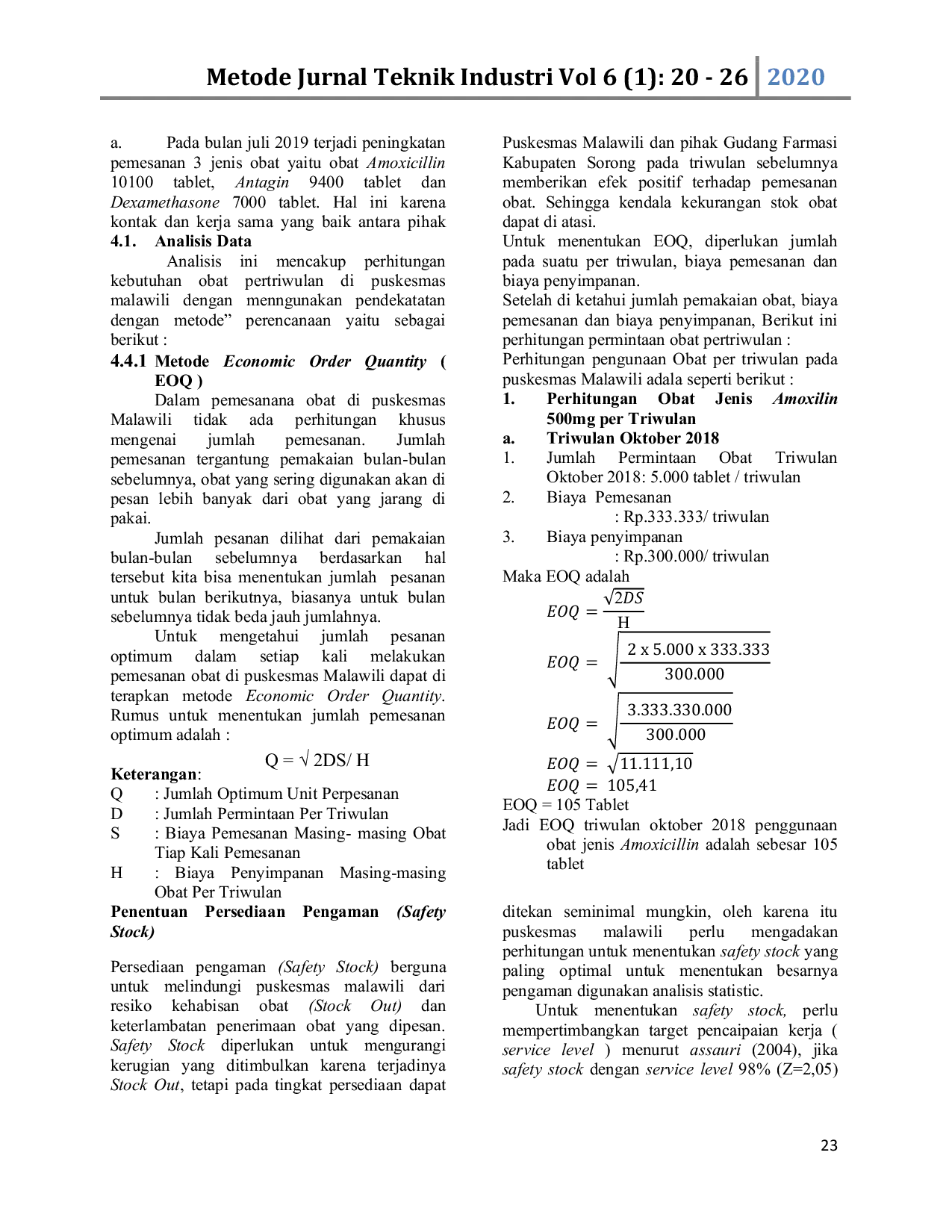 JURIS Analisis Pengendalian Persediaan Obat Pada Puskesmas Malawili Aimas Dengan Metode Economic Order Quantity