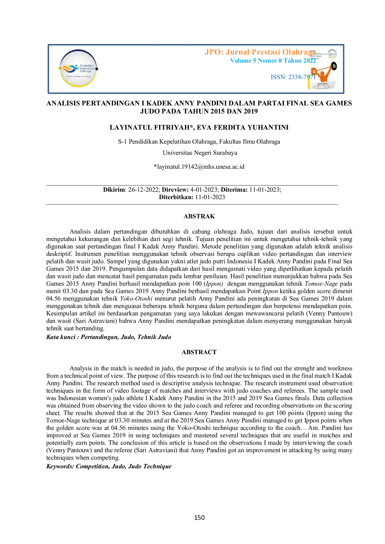 JURIS Analisis Pertandingan I Kadek Anny Pandini Dalam Partai Final Sea Games Judo Pada Tahun 2015 Dan 2019