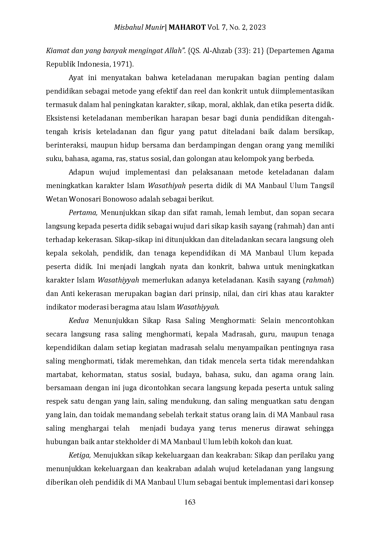 JURIS Implementation of Example Method in Forming Students Wasathiyah Islamic Character