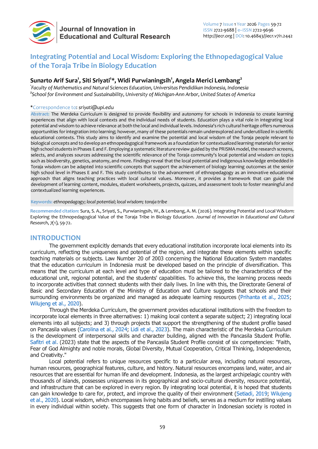 JURIS Integrating Potential and Local Wisdom Exploring the Ethnopedagogical Value of the Toraja Tribe in Biology Education