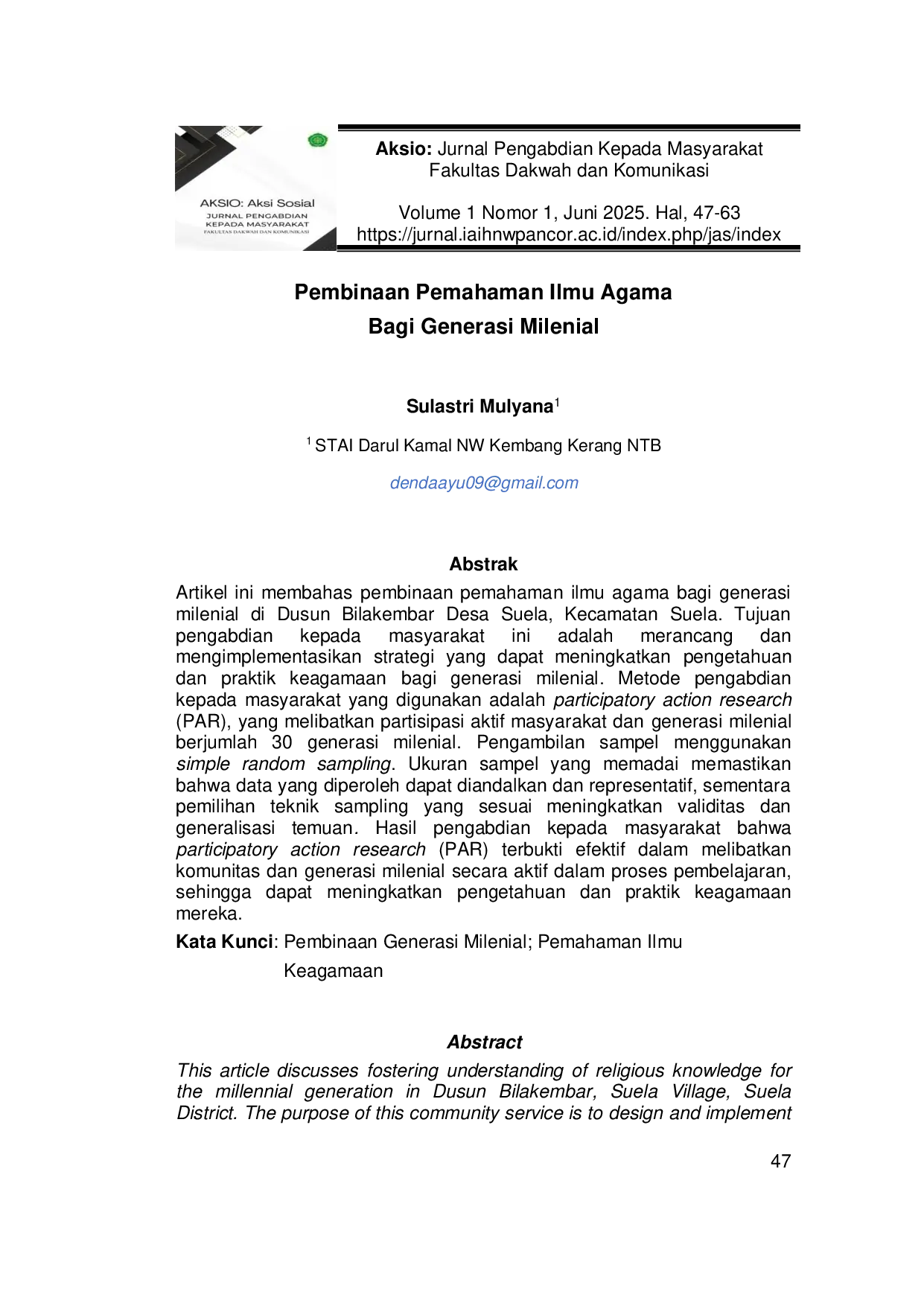 JURIS Pembinaan Pemahaman Ilmu Agama Bagi Generasi Milenial
