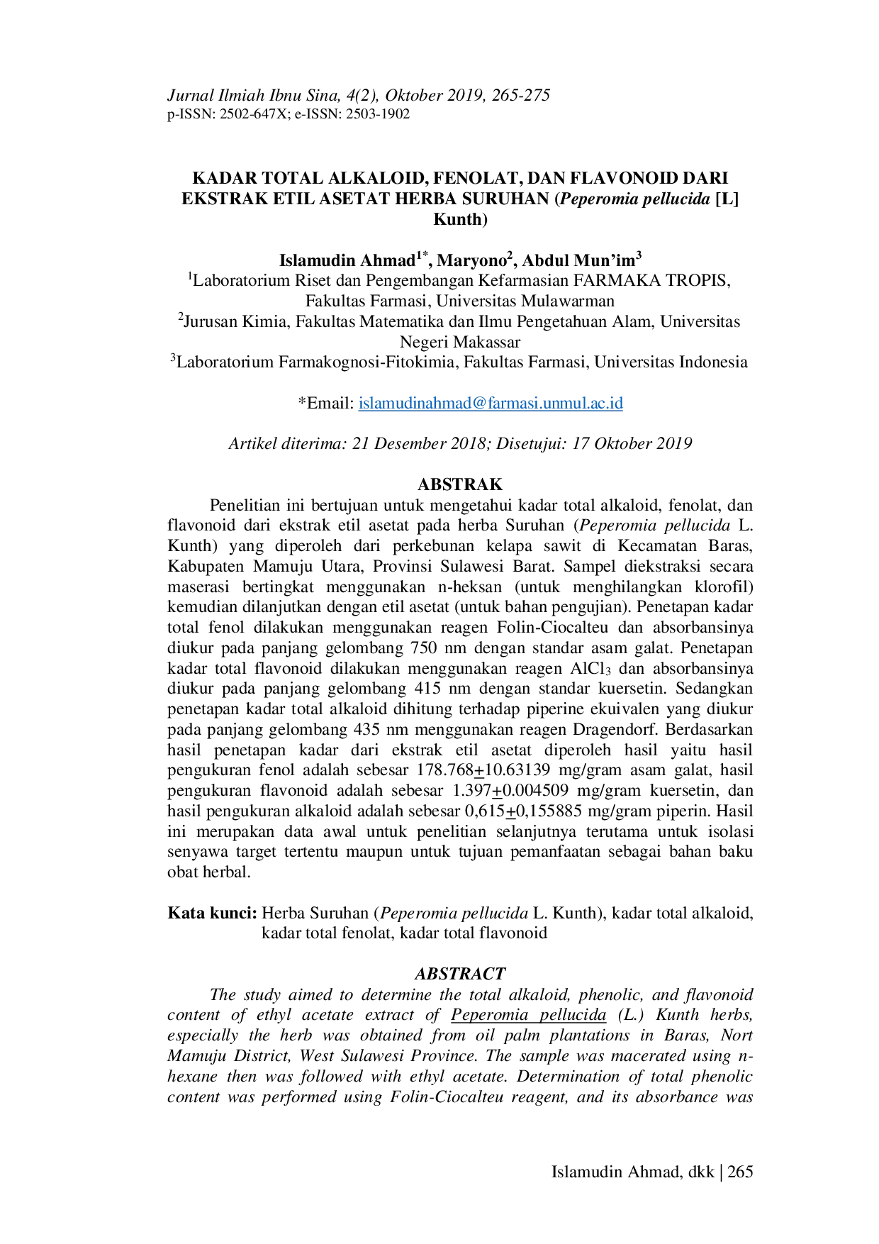 JURIS KADAR TOTAL ALKALOID FENOLAT DAN FLAVONOID DARI EKSTRAK ETIL ASETAT HERBA SURUHAN Peperomia pellucida L Kunth