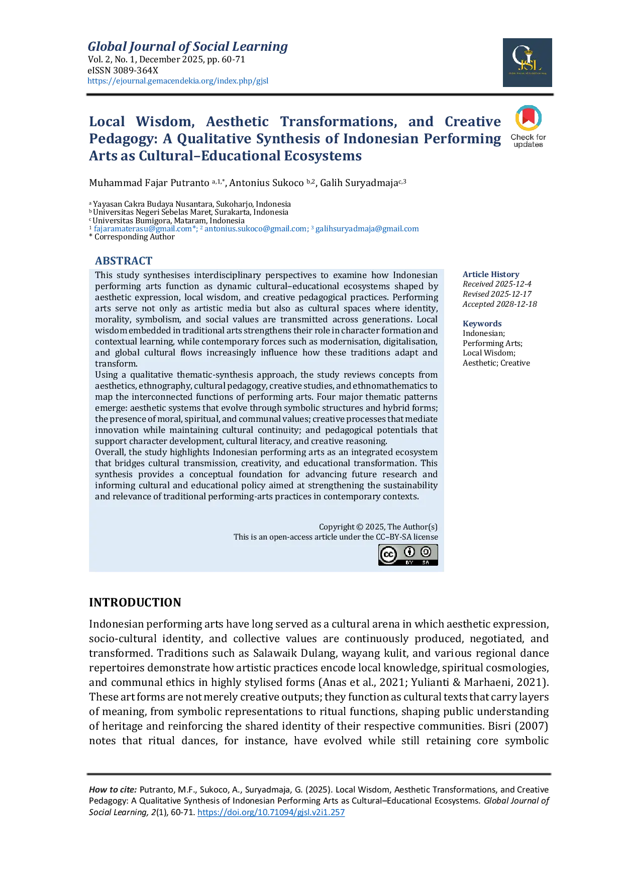 JURIS Local Wisdom Aesthetic Transformations and Creative Pedagogy A Qualitative Synthesis of Indonesian Performing Arts as Cultural Educational Ecosystems