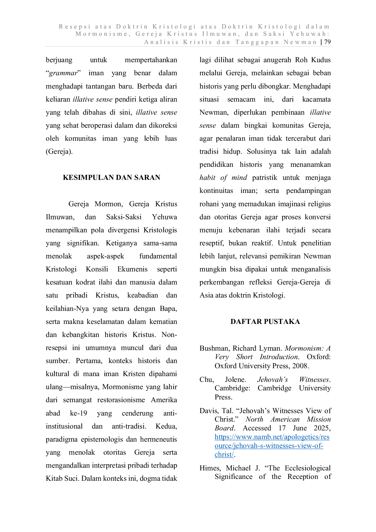 JURIS Non Resepsi atas Doktrin Kristologi dalam Mormonisme Gereja Kristus Ilmuwan dan Saksi Yehuwa Analisis Kritis dan Tanggapan Newmanian