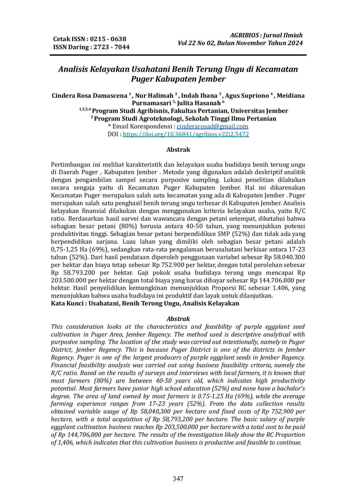 JURIS Analisis Kelayakan Usahatani Benih Terung Ungu di Kecamatan Puger Kabupaten Jember