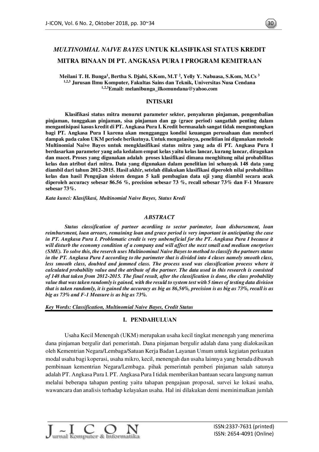 JURIS Multinomial Naive Bayes untuk Klasifikasi Status Kredit Mitra Binaan di PT Angkasa Pura I Program Kemitraan