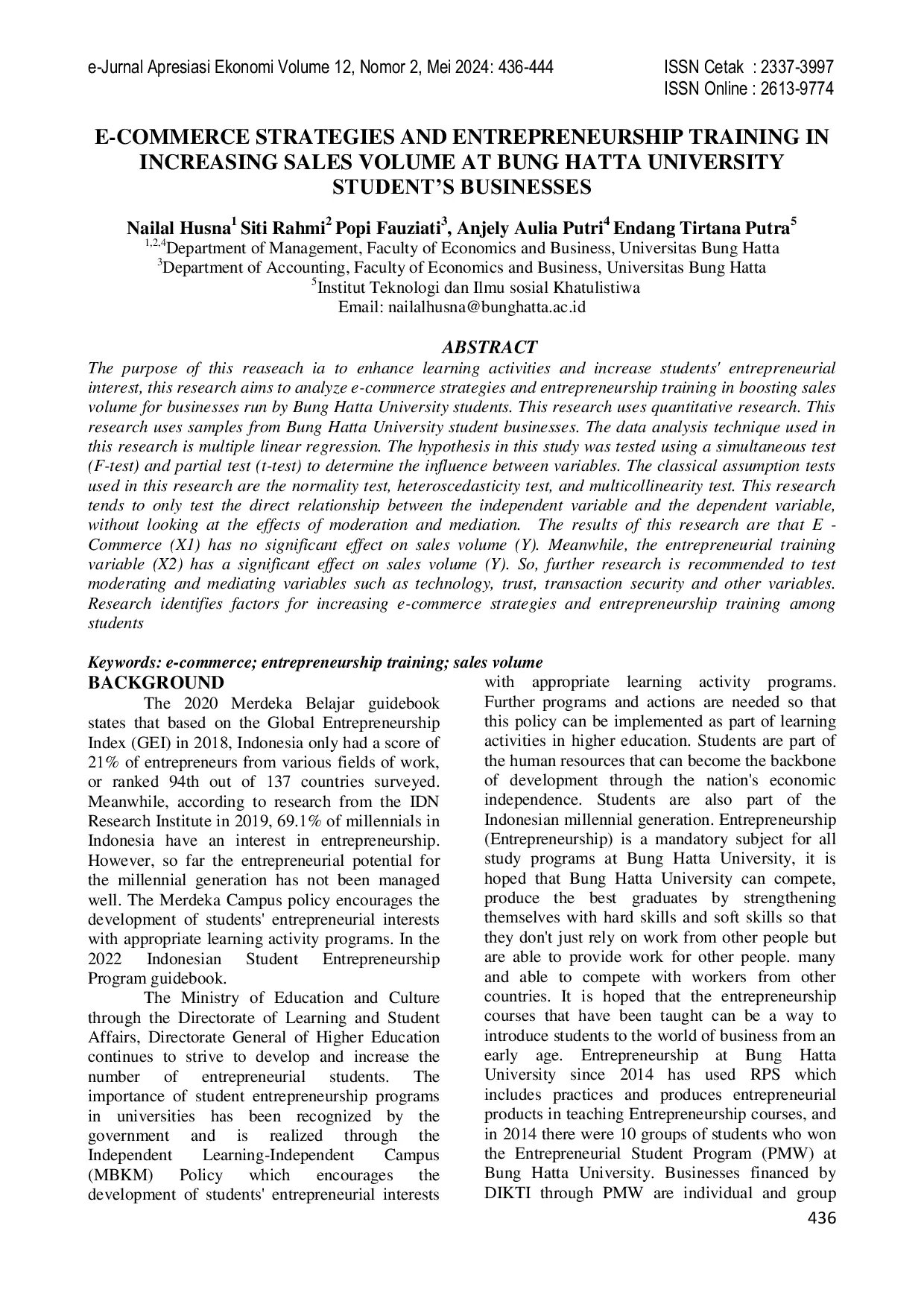 JURIS E Commerce Strategies and Entrepreneurship Training in Increasing Sales Volume at Bung Hatta University Student s Businesses