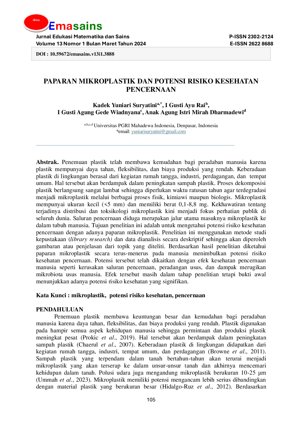 JURIS Paparan Mikroplastik Dan Potensi Risiko Kesehatan Pencernaan
