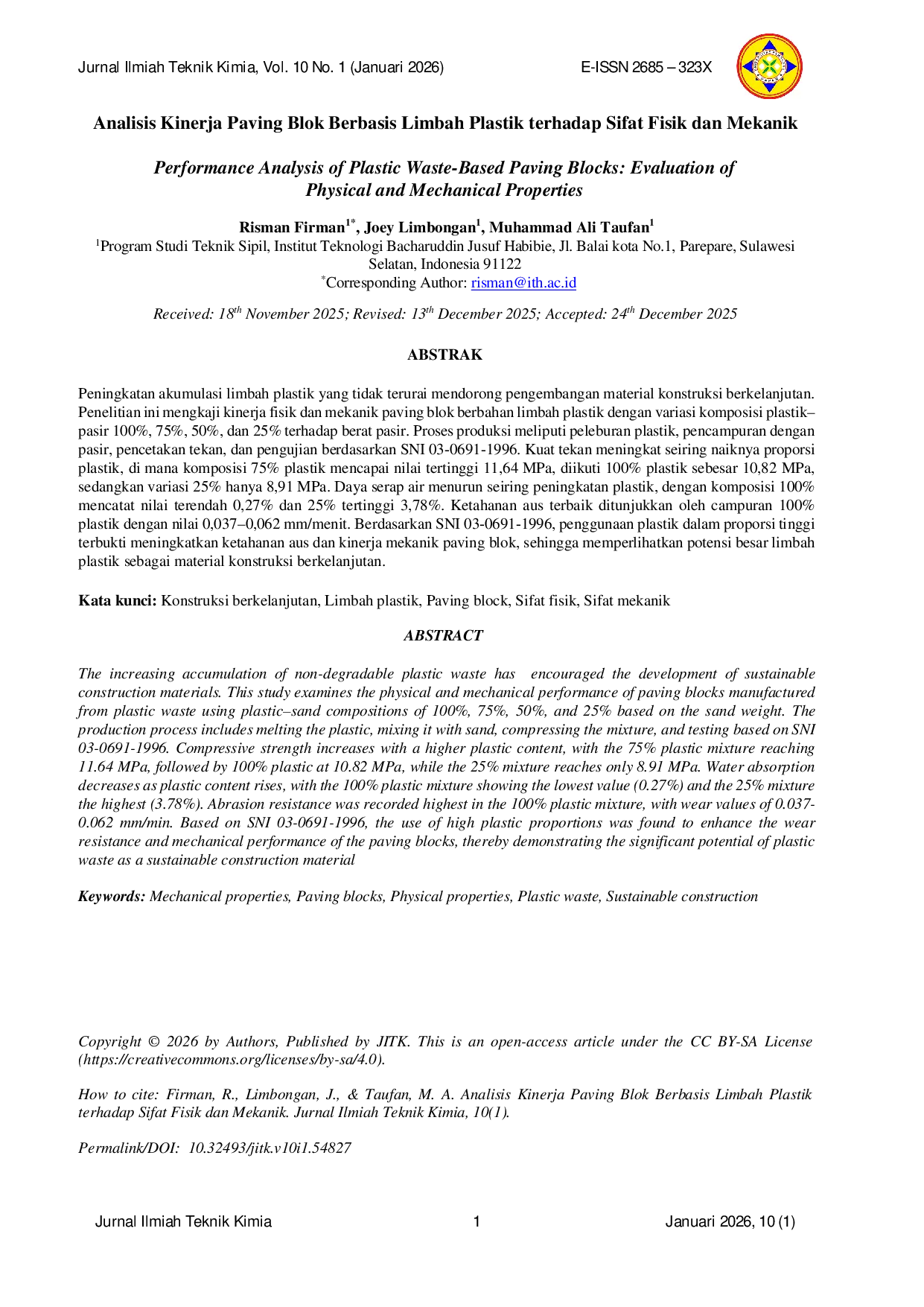 JURIS Analisis Kinerja Paving Blok Berbasis Limbah Plastik terhadap Sifat Fisik dan Mekanik