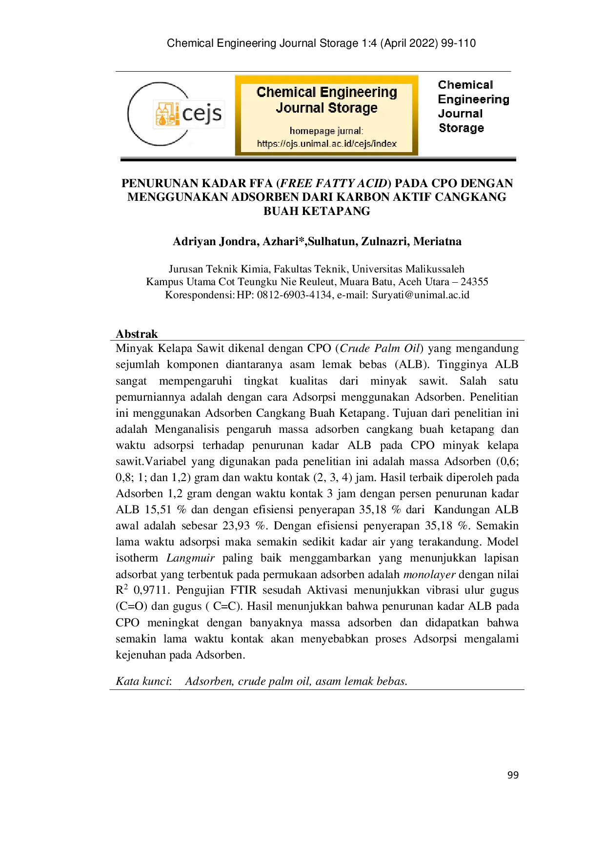JURIS Penurunan Kadar Ffa Free Fatty Acid Pada Cpo Dengan Menggunakan Adsorben Dari Karbon Aktif Cangkang Buah Ketapang