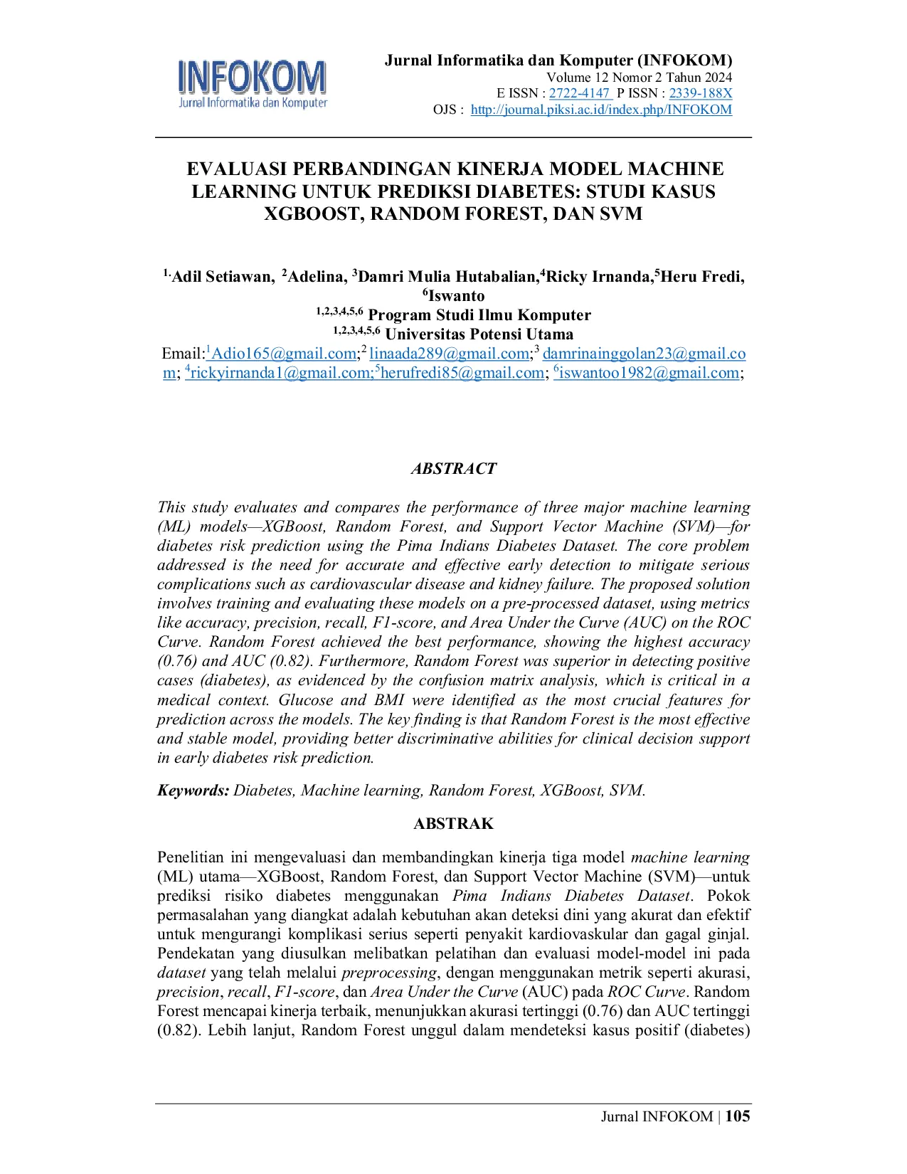 JURIS Evaluasi Perbandingan Kinerja Model Machine Learning Untuk Prediksi Diabetes Studi Kasus Xgboost Random Forest Dan Svm