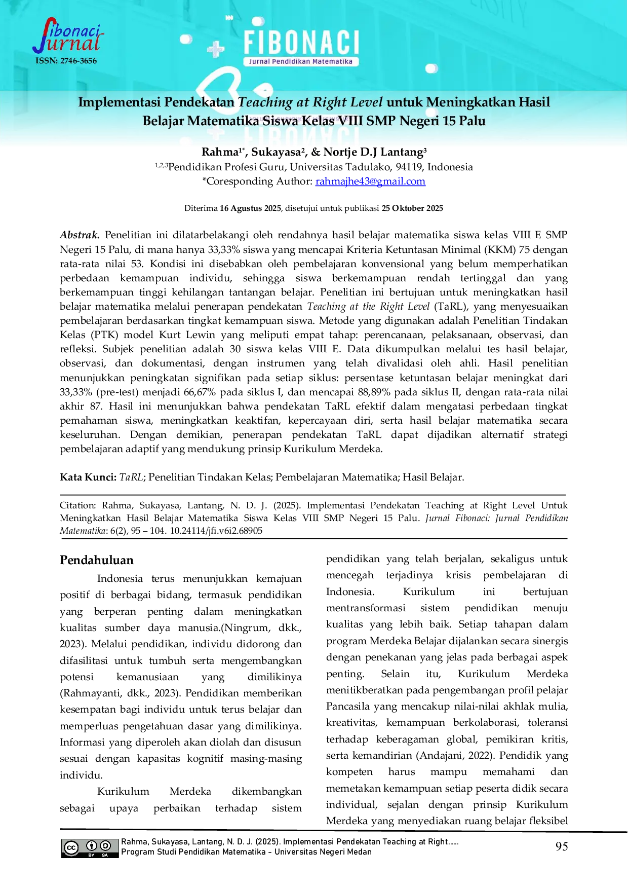 JURIS Implementasi Pendekatan Teaching at Right Level untuk Meningkatkan Hasil Belajar Matematika Siswa Kelas VIII SMP Negeri 15 Palu
