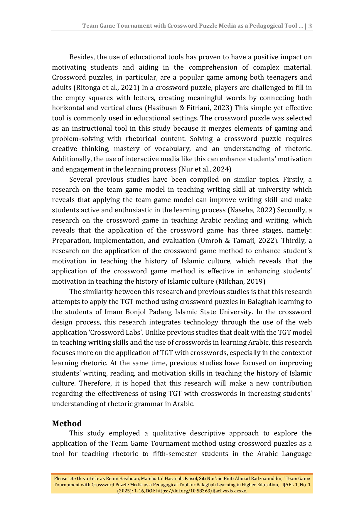 JURIS Team Game Tournament with Crossword Puzzle Media as a Pedagogical Tool for Balaghah Learning in Higher Education