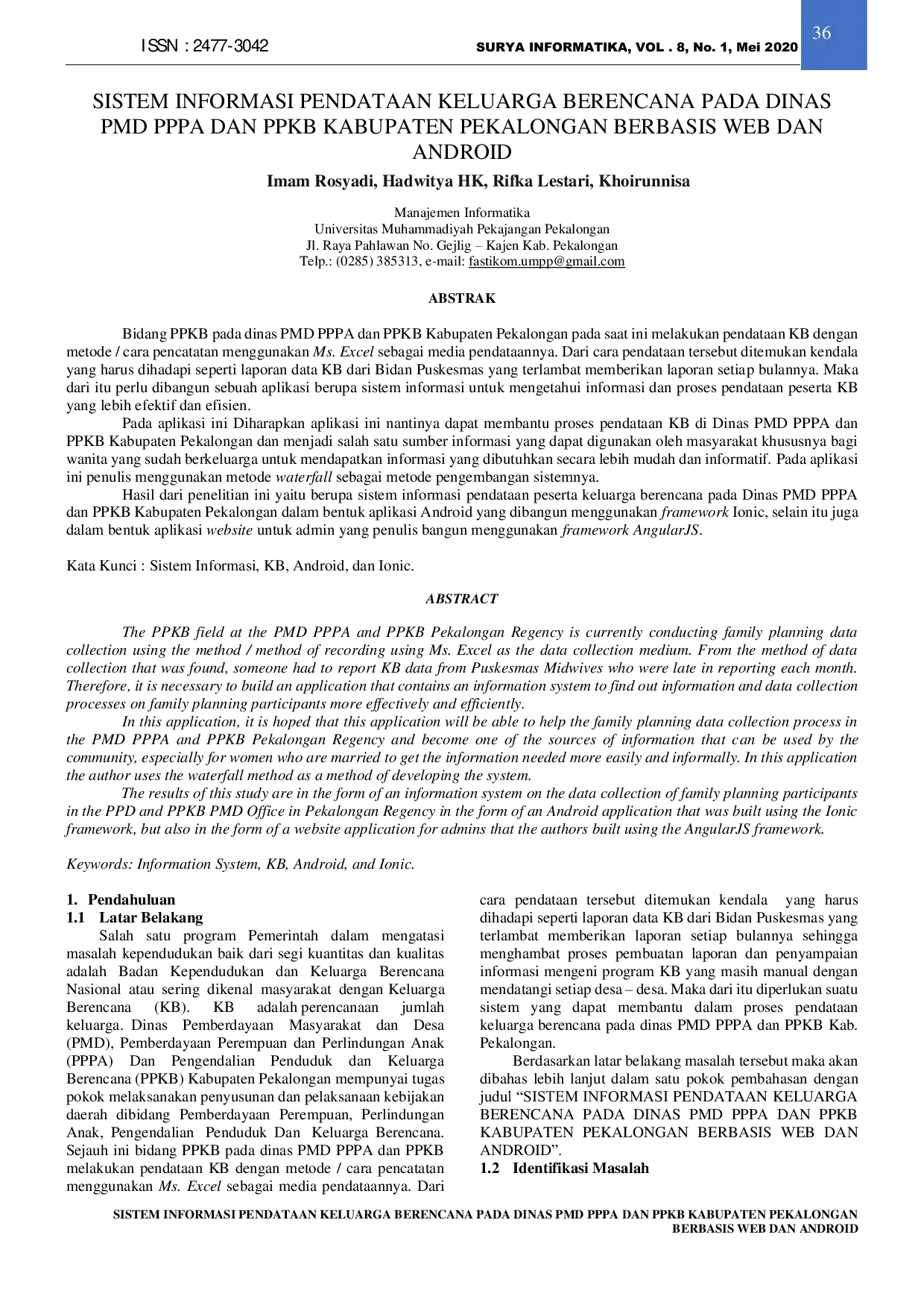 JURIS Sistem Informasi Pendataan Keluarga Berencana Pada Dinas PMD PPPA Dan PPKB Kabupaten Pekalongan Berbasis Web Dan Android