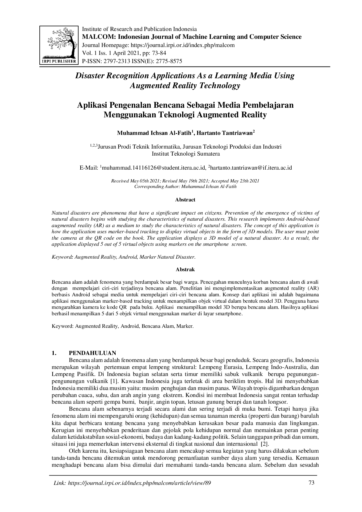 juris Aplikasi Pengenalan Bencana Sebagai Media Pembelajaran Menggunakan Teknologi Augmented Reality