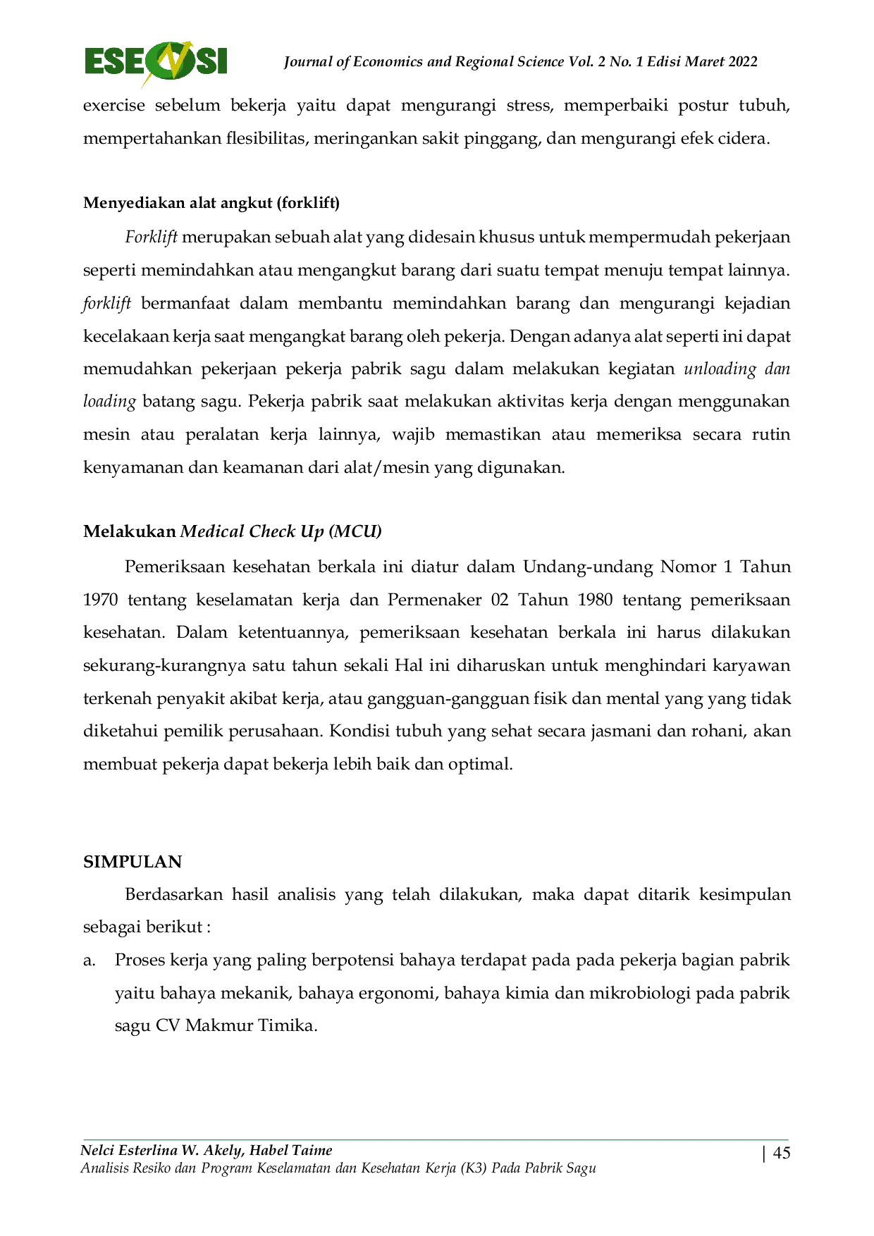 JURIS Analisis Resiko dan Program Keselamatan dan Kesehatan Kerja K3 Pada Pabrik Sagu CV Makmur Timika