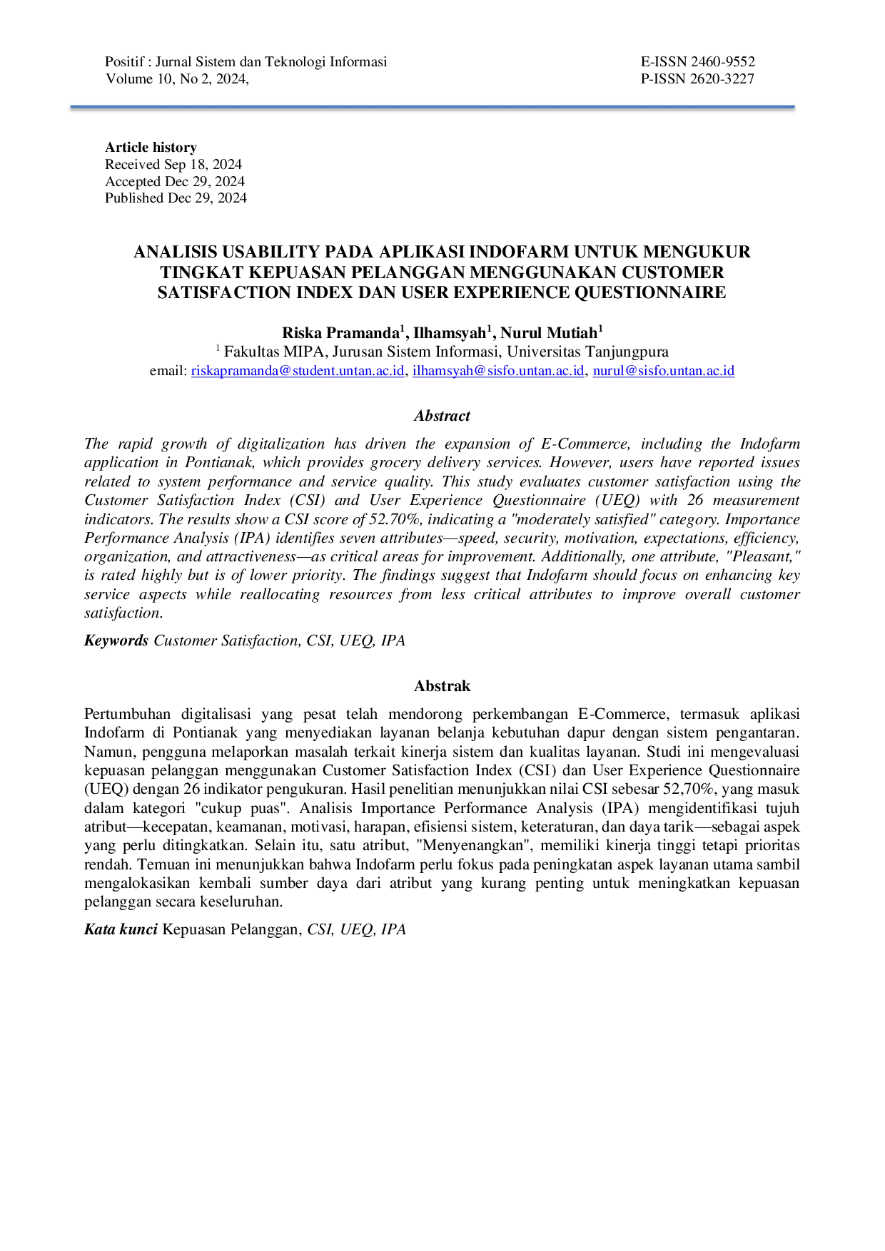 JURIS Analisis Usability Pada Aplikasi Indofarm Untuk Mengukur Tingkat Kepuasan Pelanggan Menggunakan Customer Satisfaction Index Dan User Experience Questionnaire