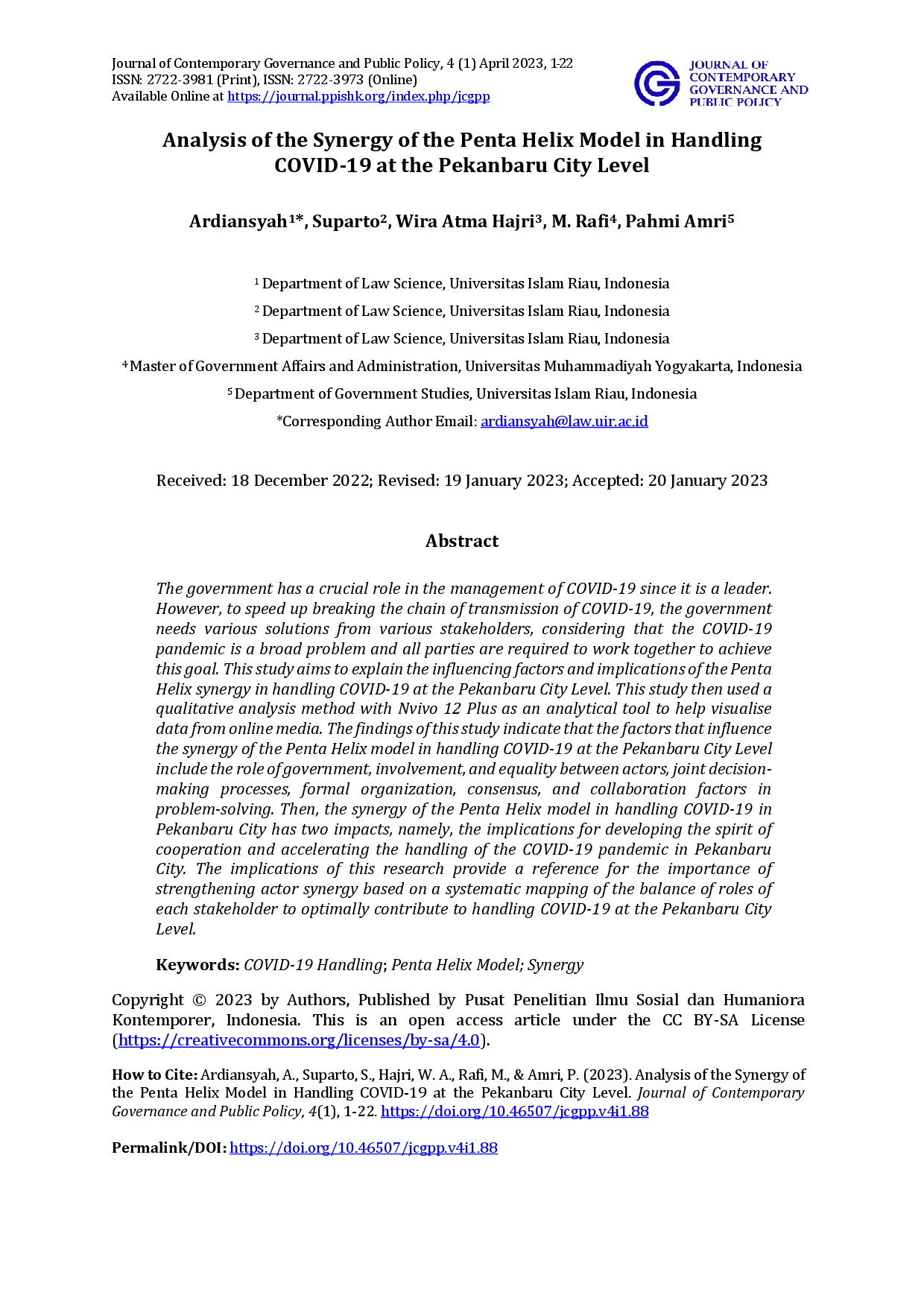 juris Analysis Of The Synergy Of The Penta Helix Model In Handling Covid 19 At The Pekanbaru City Level