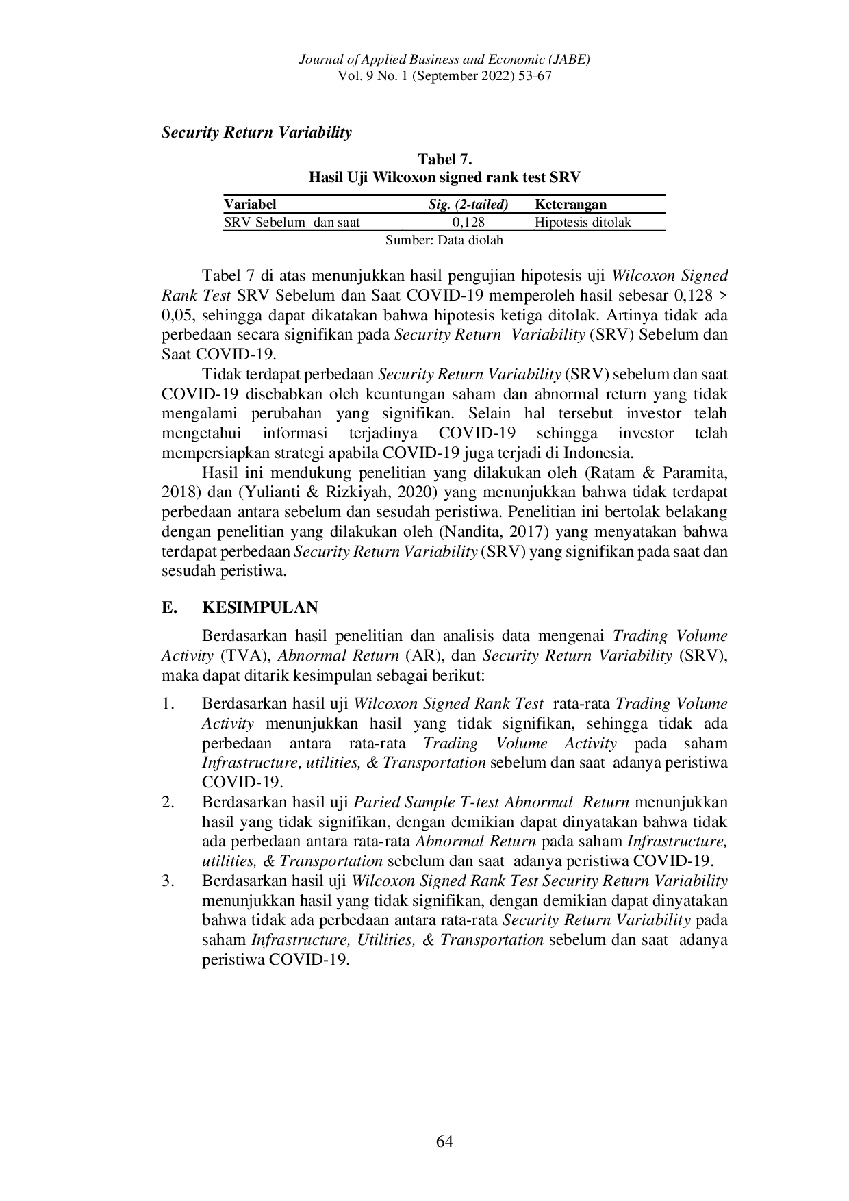 JURIS Perbedaan Trading Volume Activity Abnormal Return Security Return Variability Sebelum Saat COVID 19 Pada Perusahaan Infrastructure Utilities Transportation Yang Terdaftar Di BEI