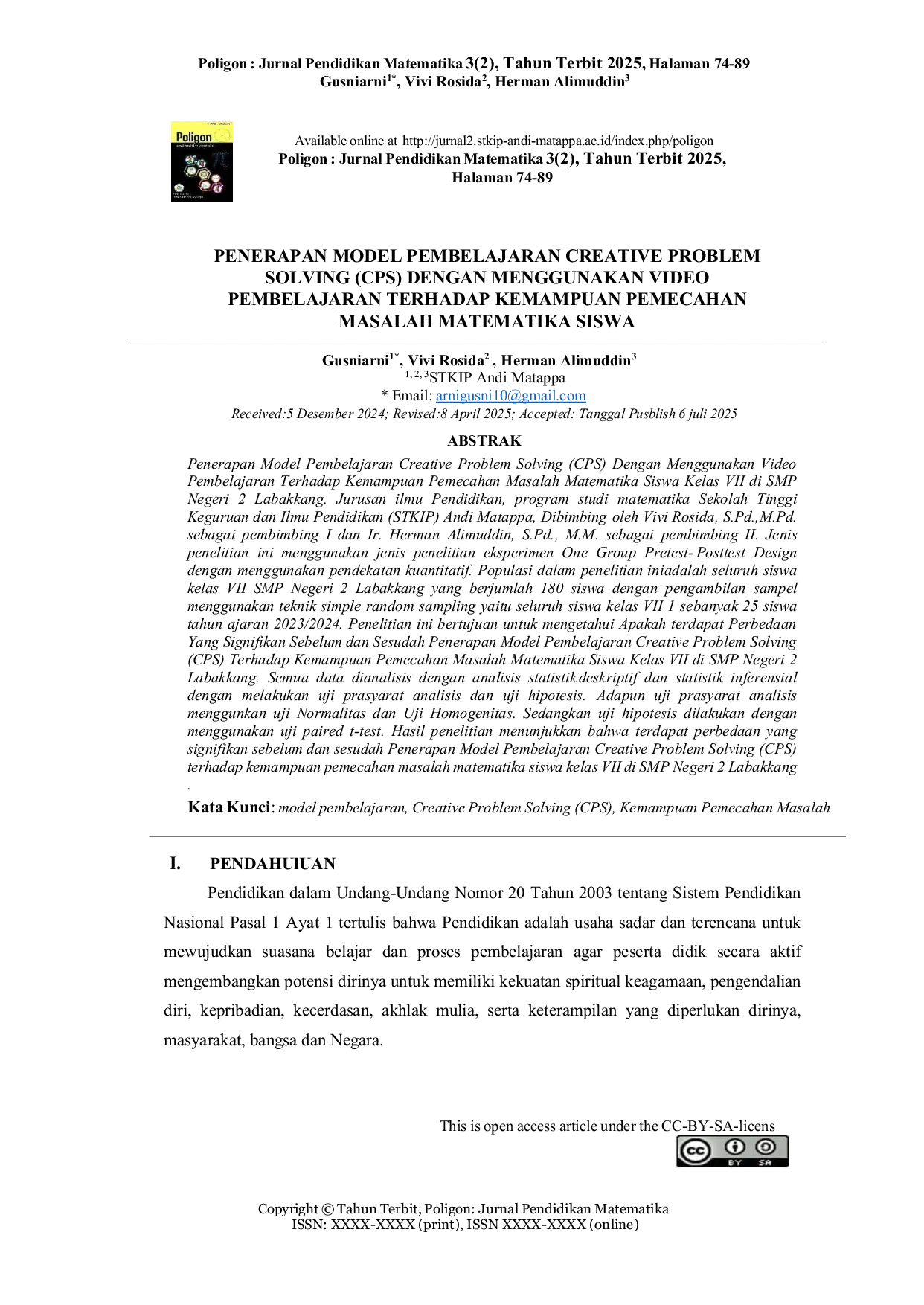 JURIS Penerapan Model Pembelajaran Creative Problem Solving Cps Dengan Menggunakan Video Pembelajaran Terhadap Kemampuan Pemecahan Masalah Matematika Siswa Kelas VII di SMP Negeri 2 Labakkang