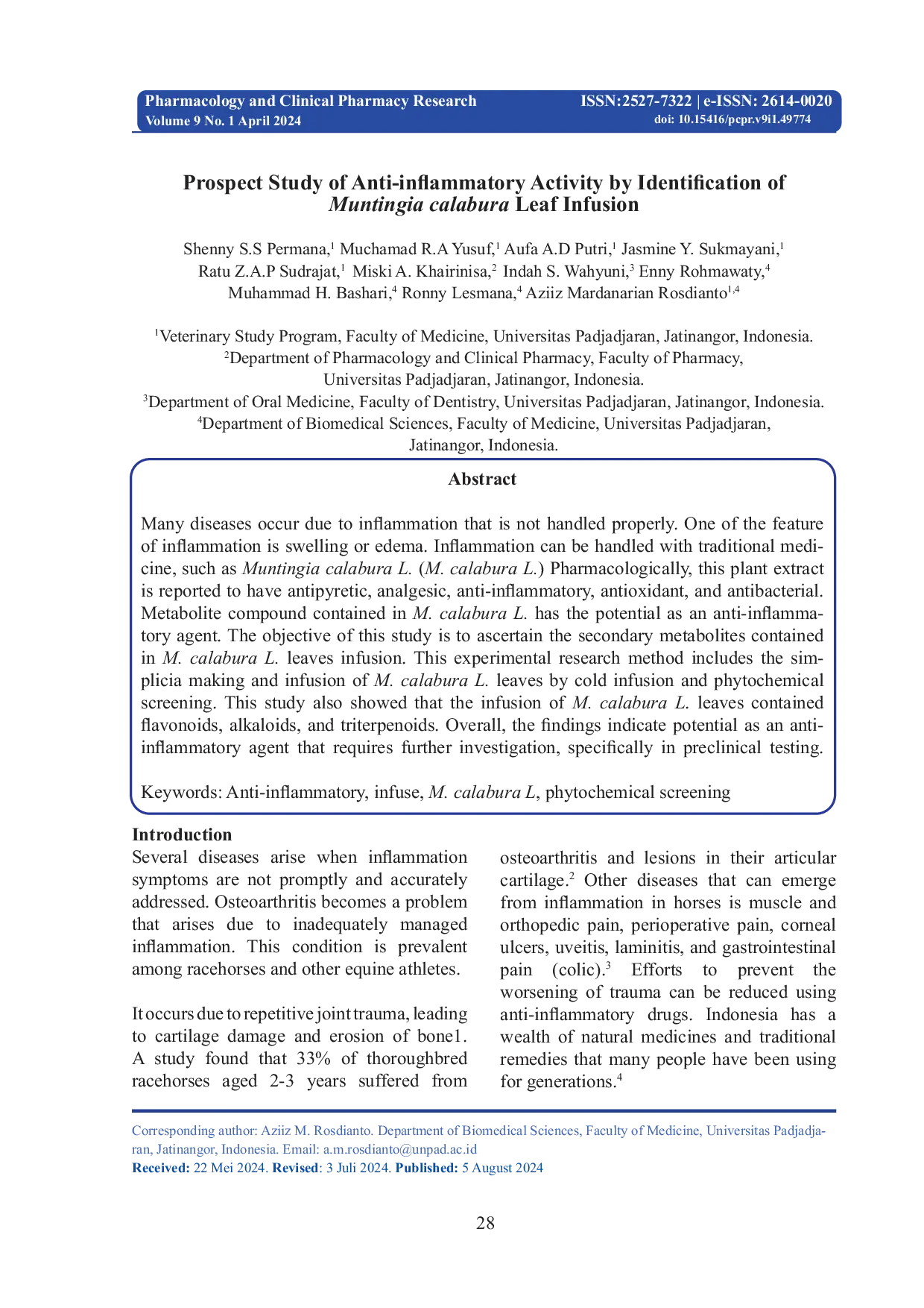 JURIS Prospect Study of Anti inflammatory Activity by Identification of Muntingia calabura Leaf Infusion