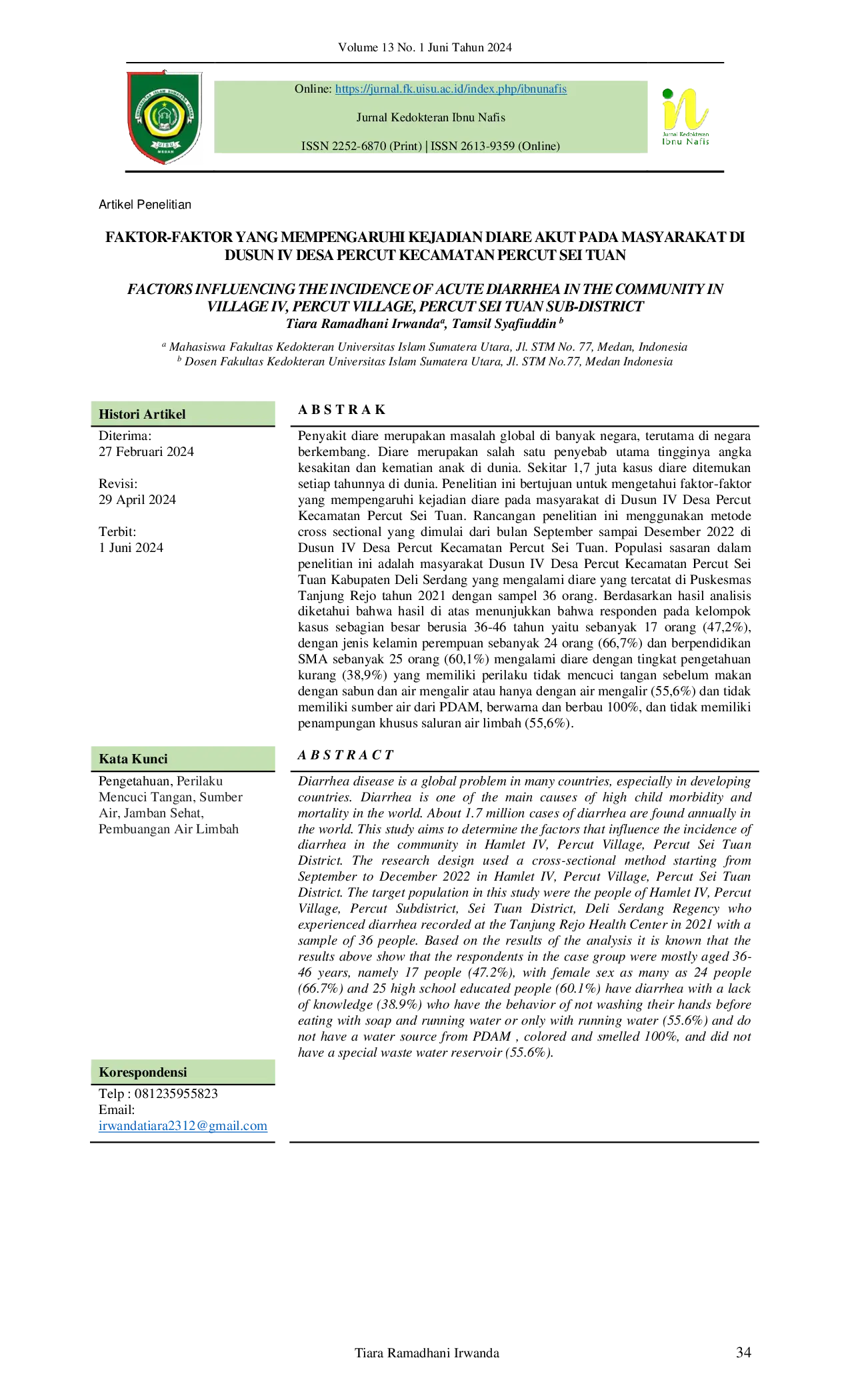 JURIS Faktor Faktor yang Mempengaruhi Kejadian Diare Akut pada Masyarakat di Dusun IV Desa Percut Kecamatan Percut Sei Tuan