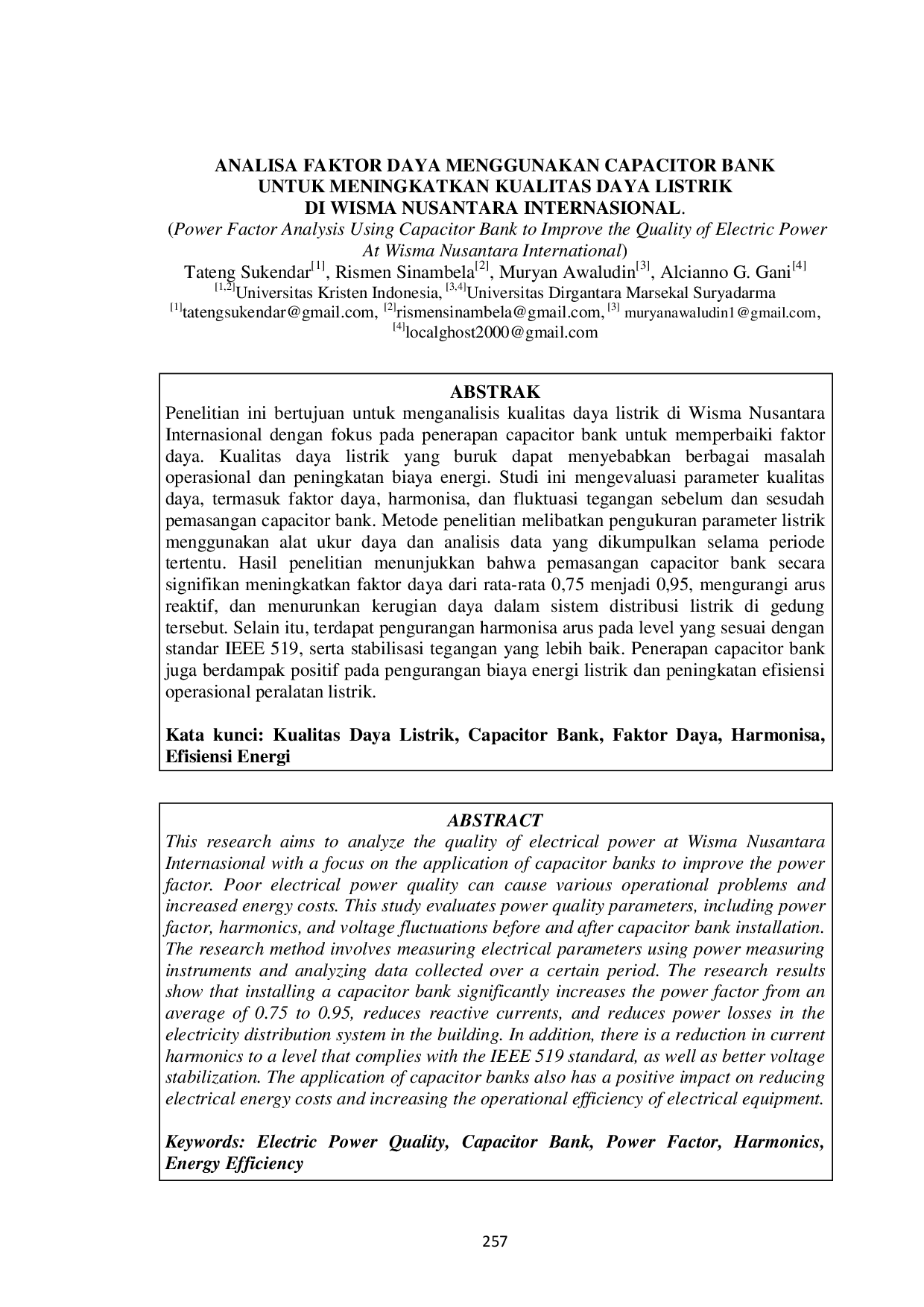 JURIS Analisa Faktor Daya Menggunakan Capacitor Bank Untuk Meningkatkan Kualitas Daya Listrik Di Wisma Nusantara Internasional