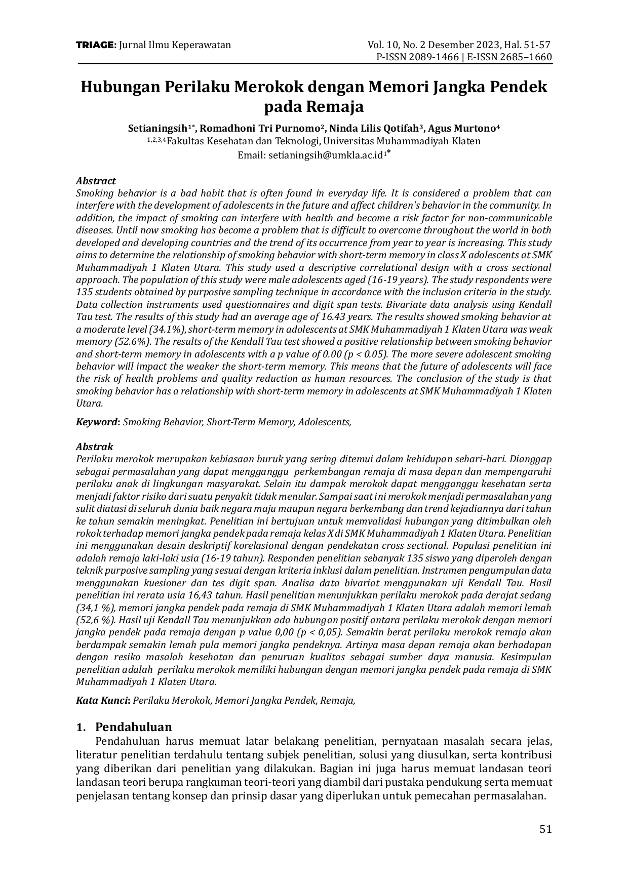 JURIS Hubungan Perilaku Merokok dengan Memori Jangka Pendek pada Remaja