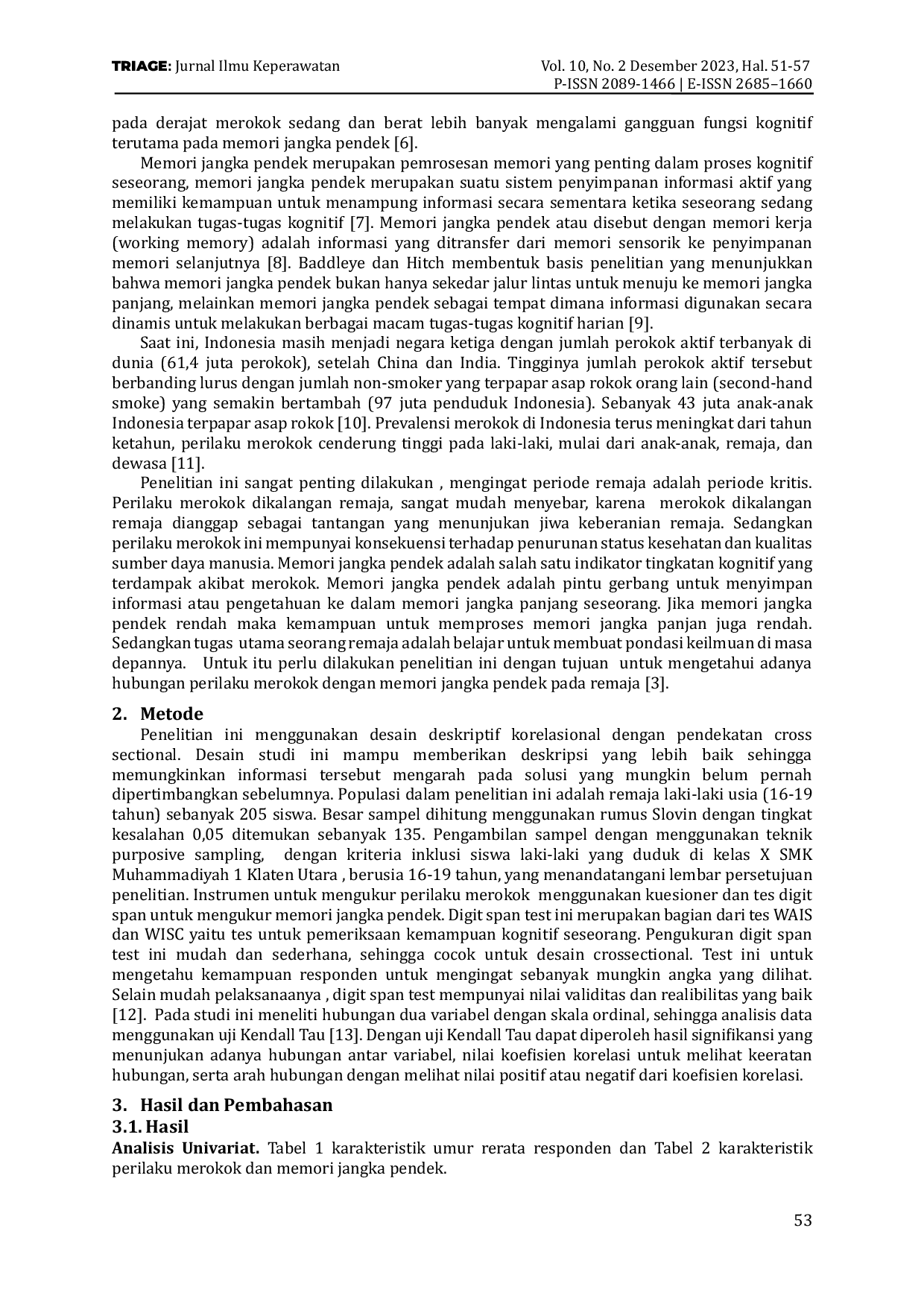 JURIS Hubungan Perilaku Merokok dengan Memori Jangka Pendek pada Remaja