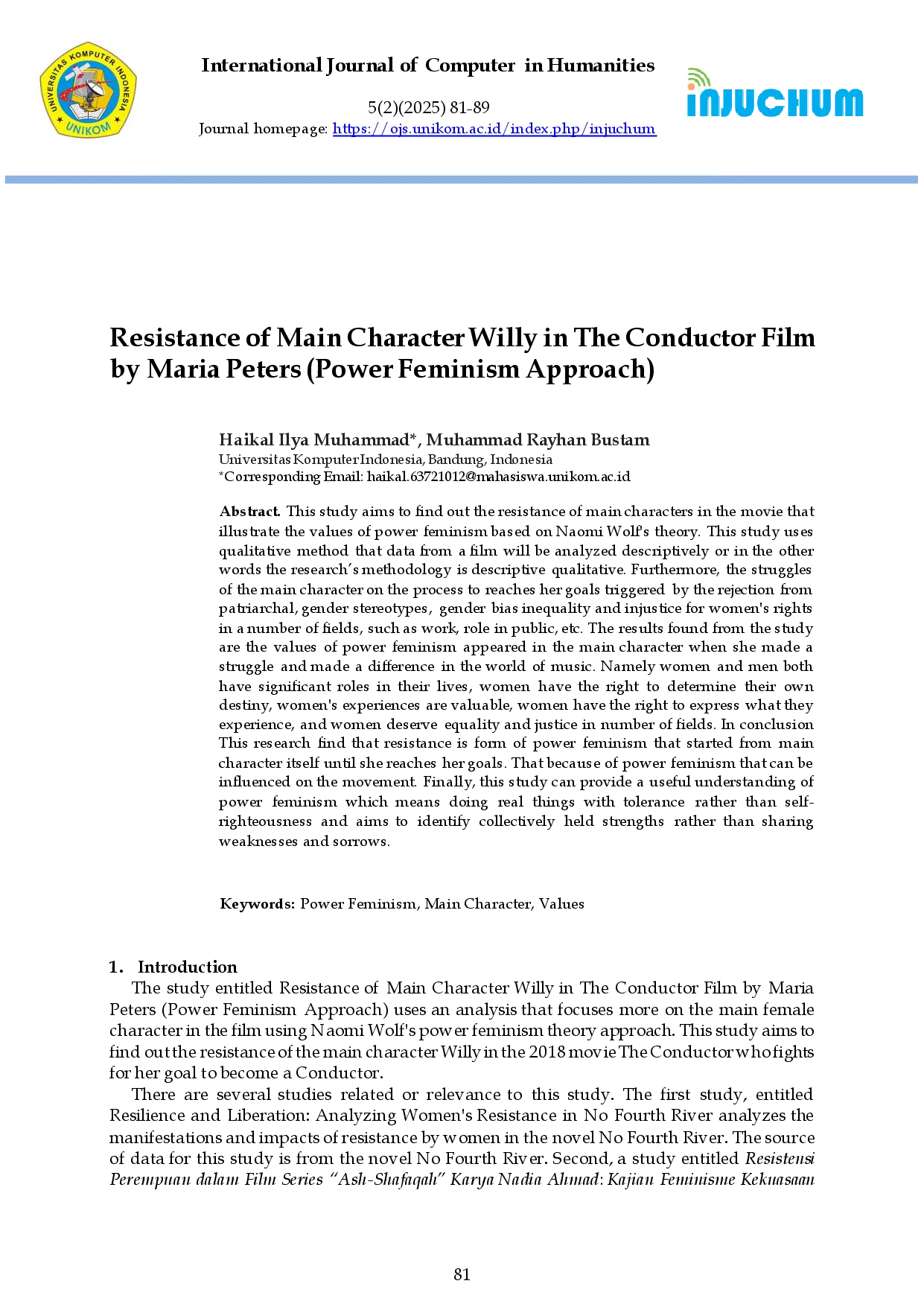 juris Resistance of Main Character Willy in The Conductor Film by Maria Peters Power Feminism Approach