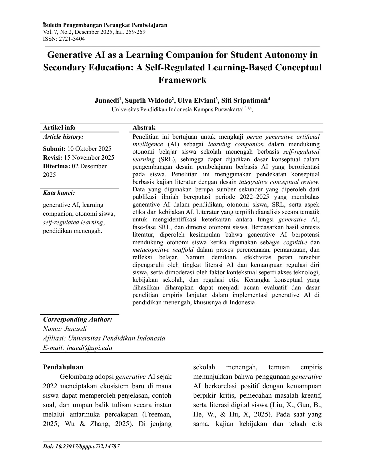 JURIS Generative AI as a Learning Companion for Student Autonomy in Secondary Education A Self Regulated Learning Based Conceptual Framework