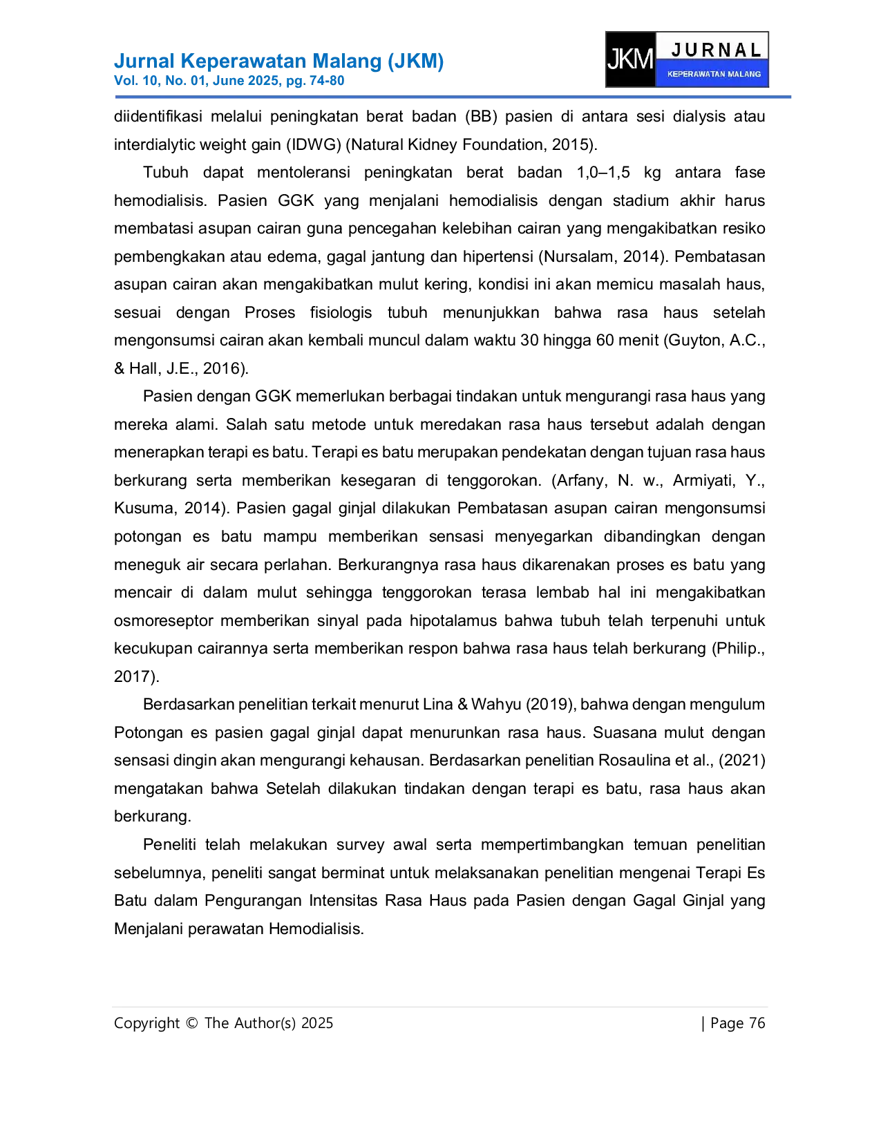 JURIS Terapi Ice Cube Terhadap Penurunan Intensitas Rasa Haus Pada Pasien Gagal Ginjal Menjalani Hemodialisis