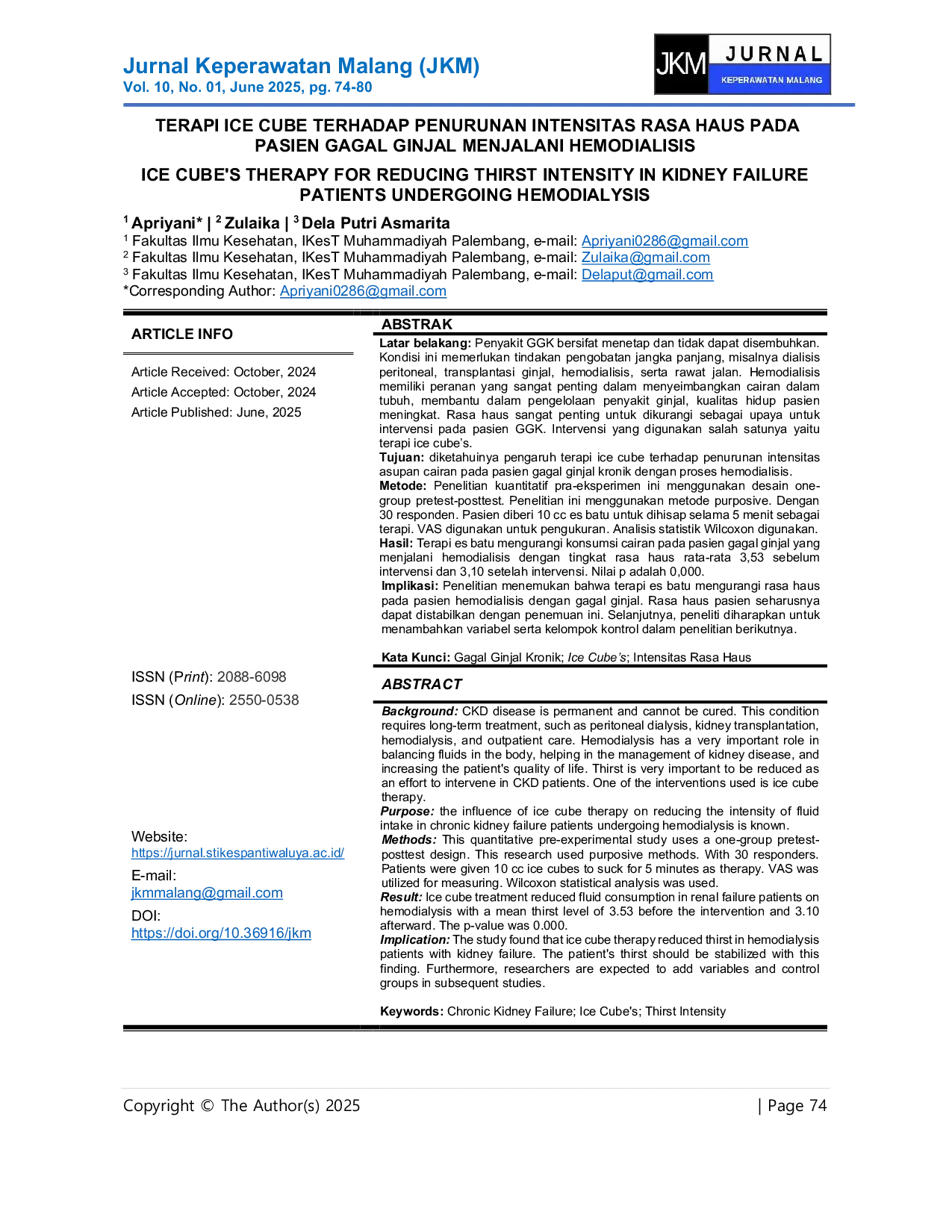 JURIS Terapi Ice Cube Terhadap Penurunan Intensitas Rasa Haus Pada Pasien Gagal Ginjal Menjalani Hemodialisis