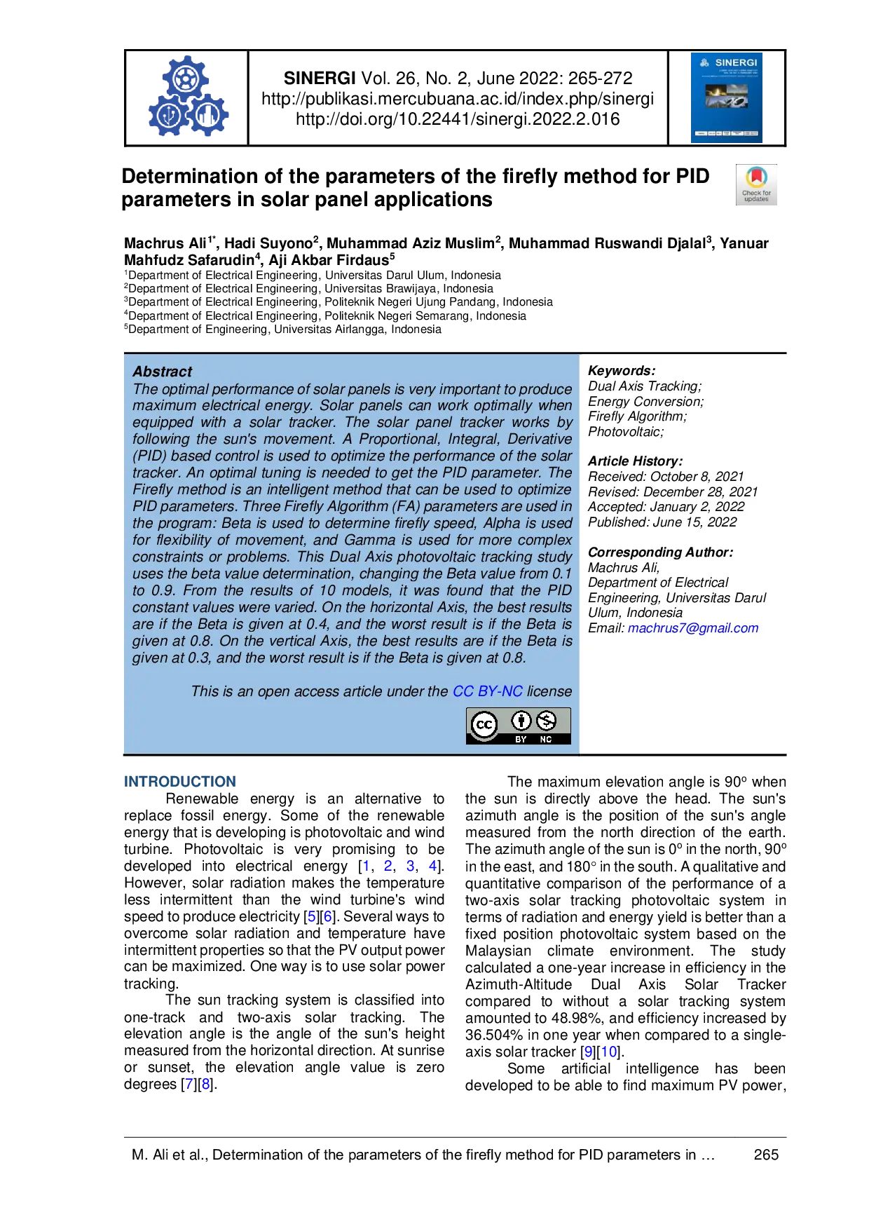 JURIS Determination of the parameters of the firefly method for PID parameters in solar panel applications