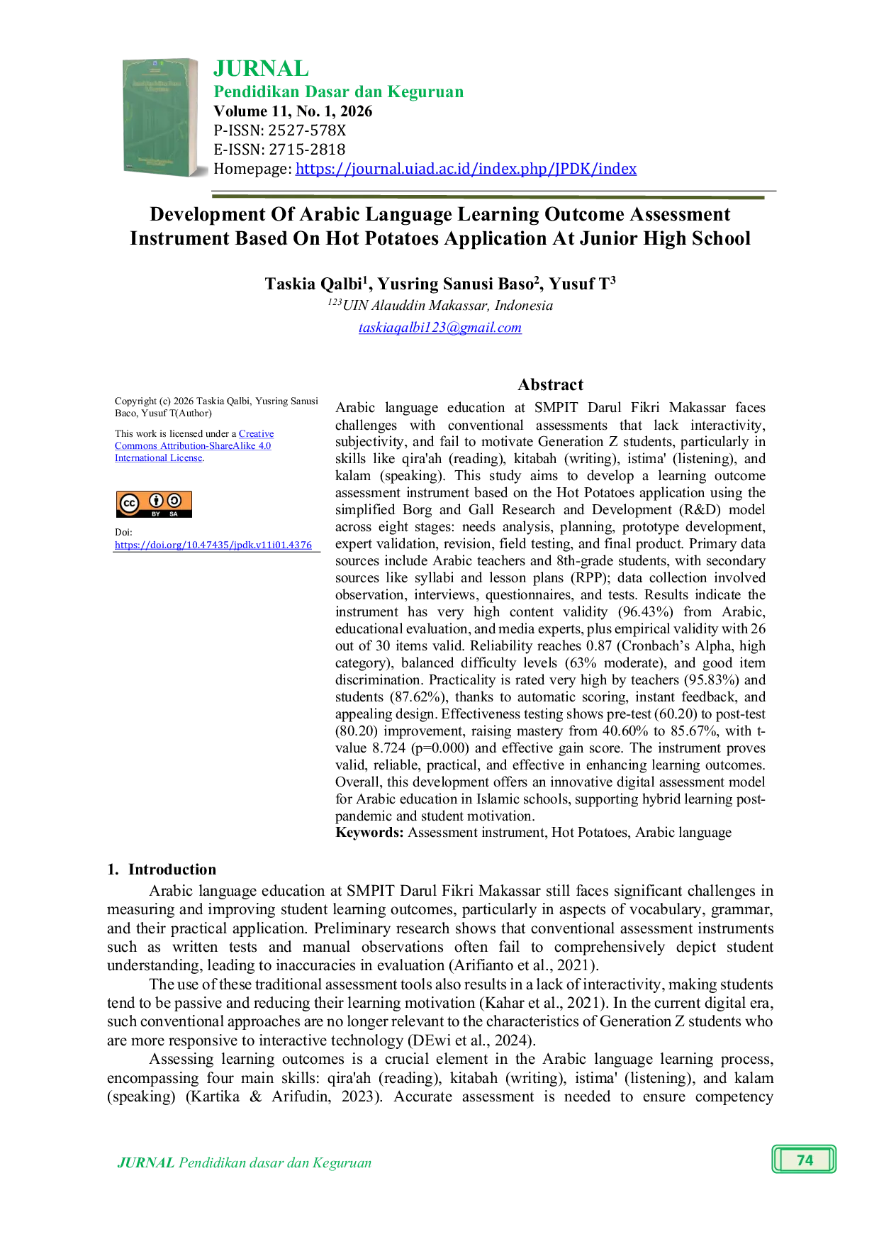 JURIS Development Of Arabic Language Learning Outcome Assessment Instrument Based On Hot Potatoes Application At Junior High School