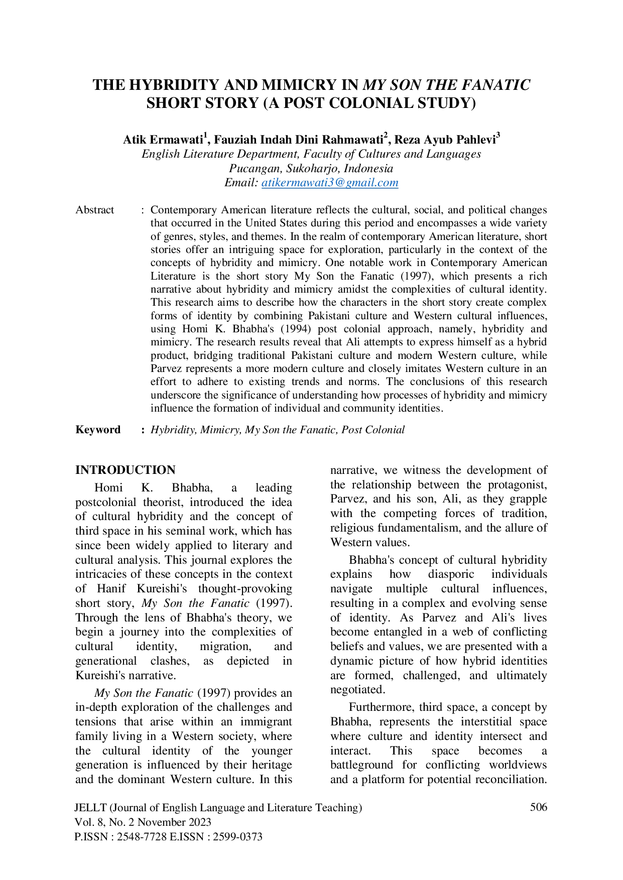 JURIS The Hybridity and Mimicry in My Son the Fanatic A Post Colonial Study