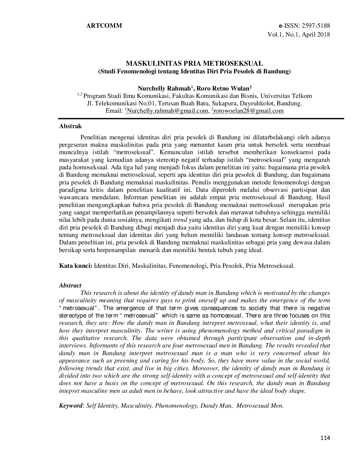 JURIS Maskulinitas Pria Metroseksual Studi Fenomenologi tentang Identitas Diri Pria Pesolek di Bandung