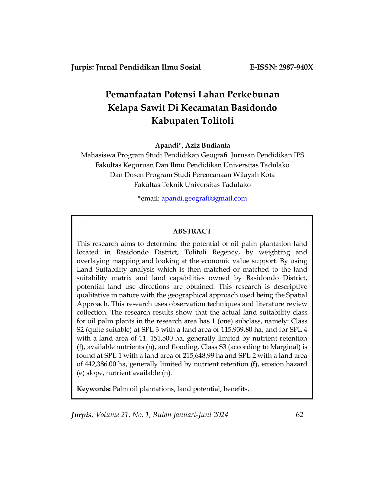 JURIS Pemanfaatan Potensi Lahan Perkebunan Kelapa Sawit Di Kecamatan Basidondo Kabupaten Tolitoli