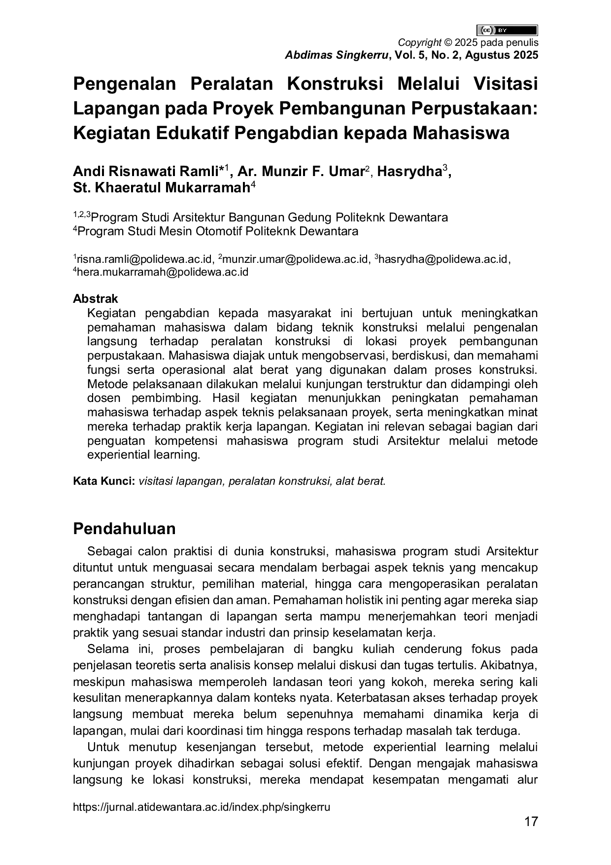 JURIS Pengenalan Peralatan Konstruksi Melalui Visitasi Lapangan pada Proyek Pembangunan Perpustakaan Kegiatan Edukatif Pengabdian kepada Mahasiswa