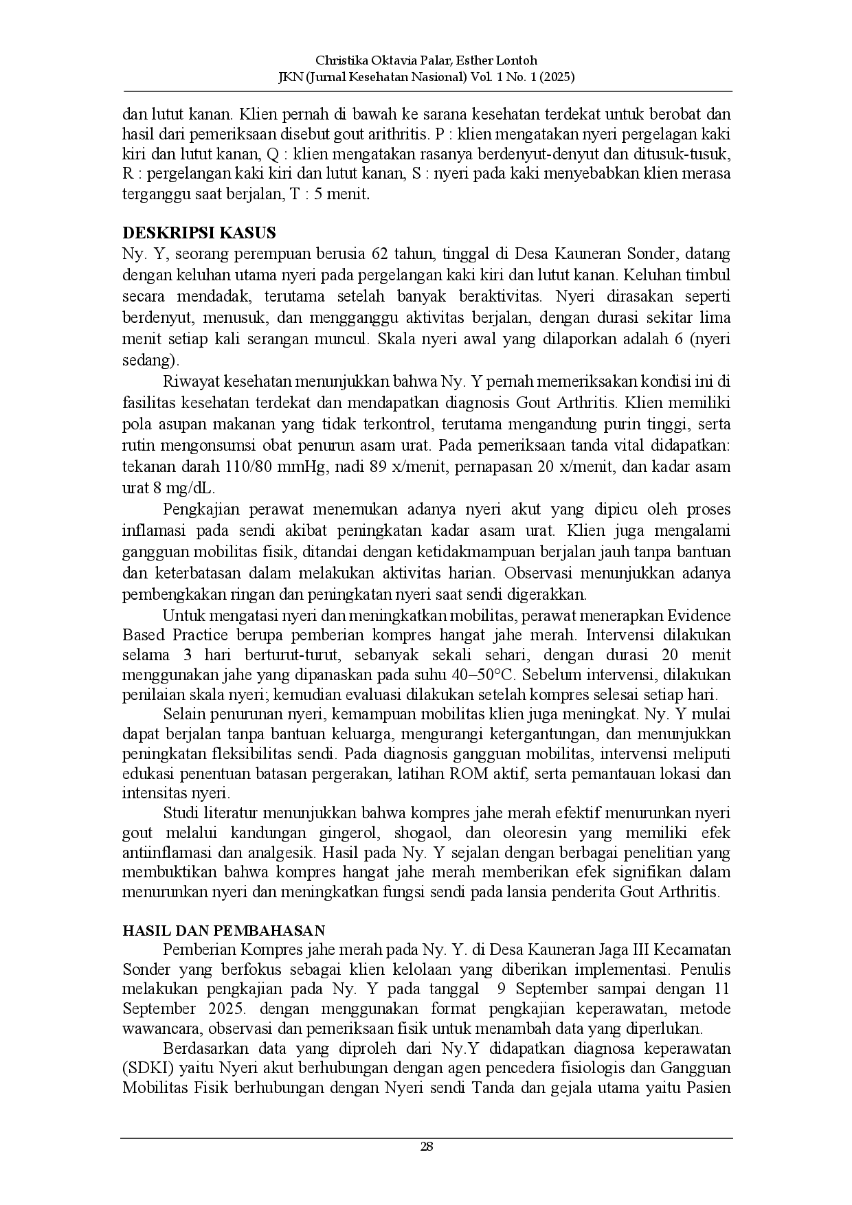 juris Asuhan Keperawatan Gout Arthritis untuk Penerapan Evidance Based Practice Kompres Jahe Merah