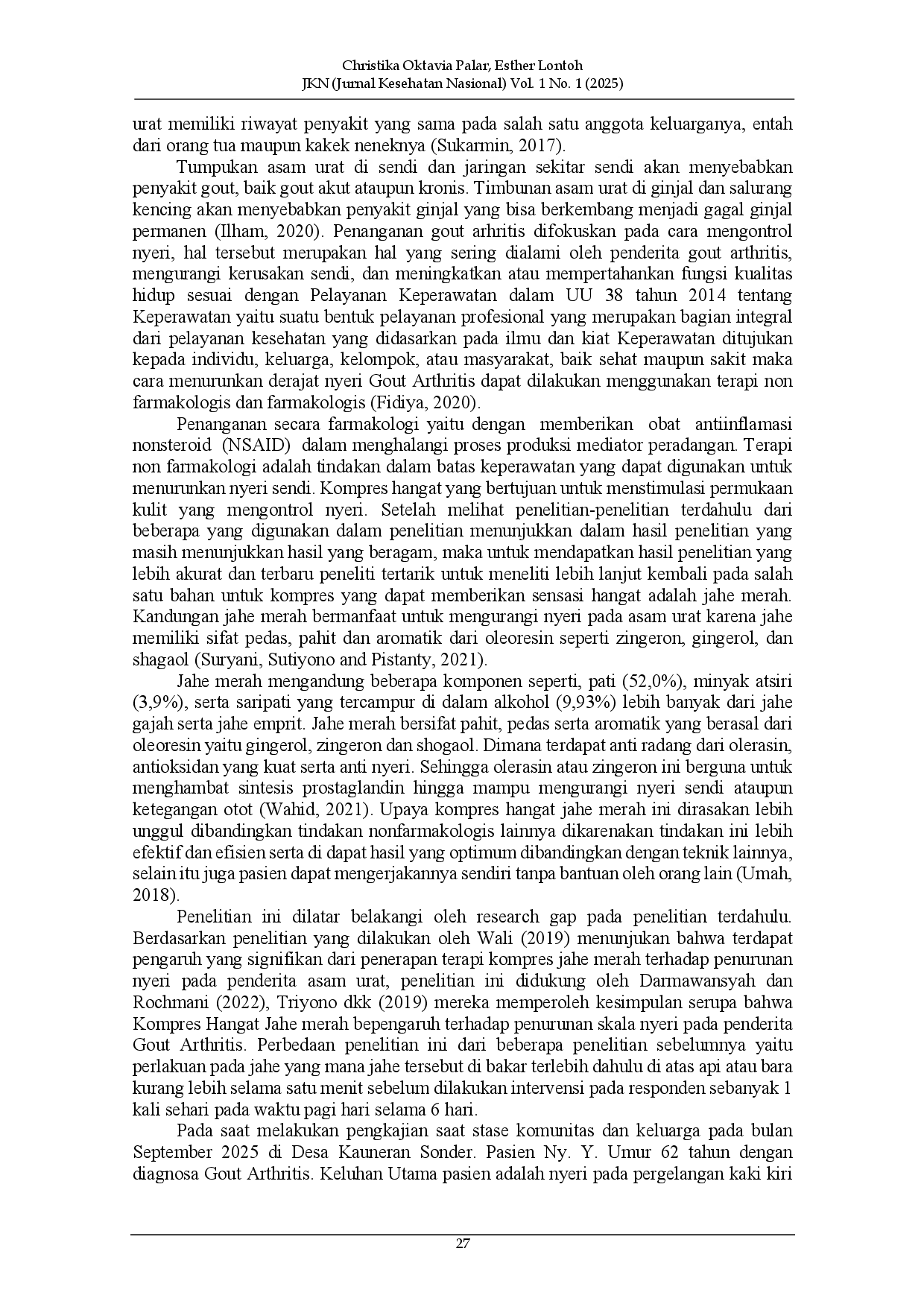 juris Asuhan Keperawatan Gout Arthritis untuk Penerapan Evidance Based Practice Kompres Jahe Merah