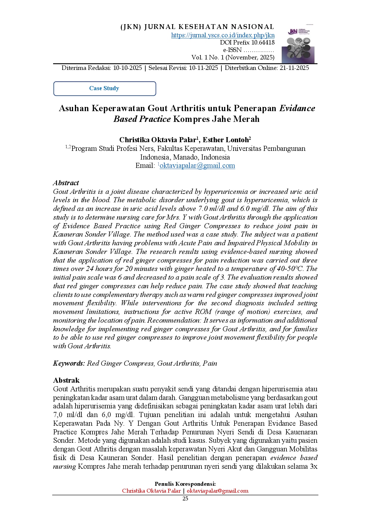juris Asuhan Keperawatan Gout Arthritis untuk Penerapan Evidance Based Practice Kompres Jahe Merah