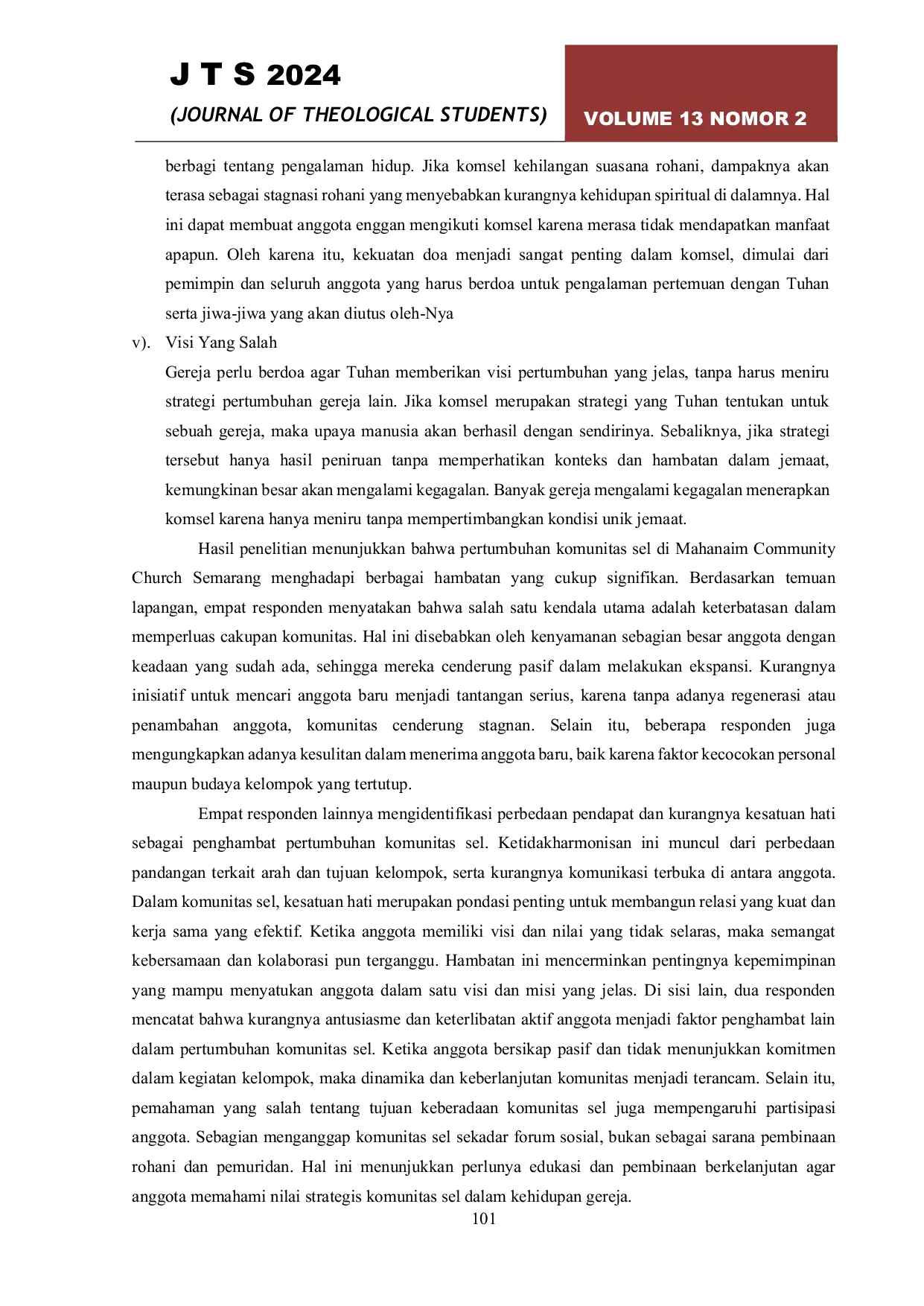 JURIS Perintisan Gereja Melalui Model Komunitas Sel Bagi Mahasiswa Sekolah Tinggi Teologi