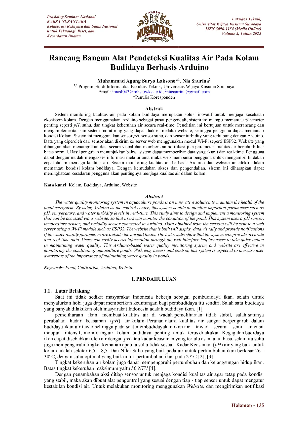 JURIS Rancang bangun alat pendeteksi kualitas air pada kolam budidaya berbasis arduino